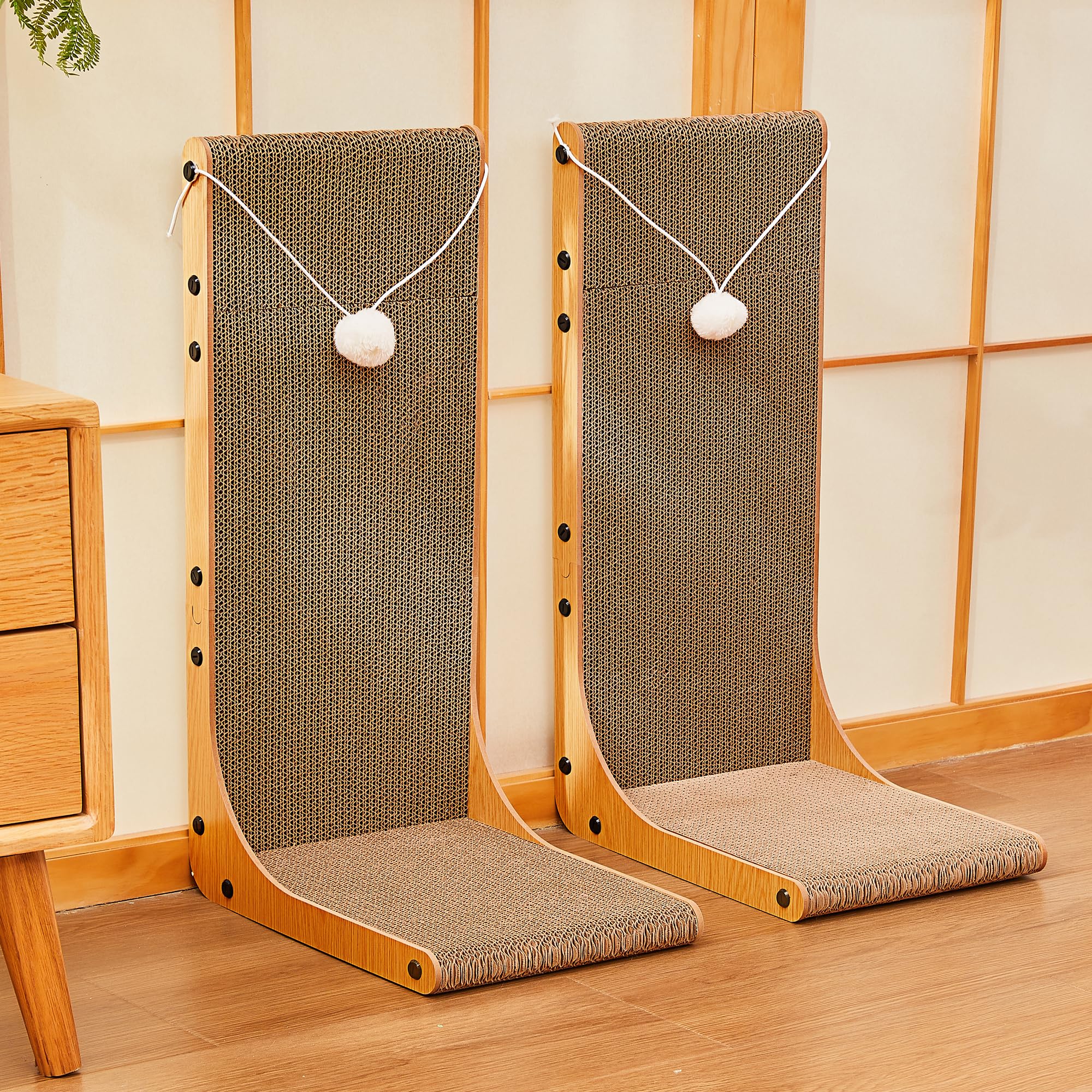 Value 2-Pack 23.6 Inch L-Shaped Cardboard Cat Scratcher, Dual Use (Vert/Horiz) Scratch Pad with Toy Balls, Wall-Mountable Furniture Protector Cat Scratchers for Indoor Cats, Couch & Wall