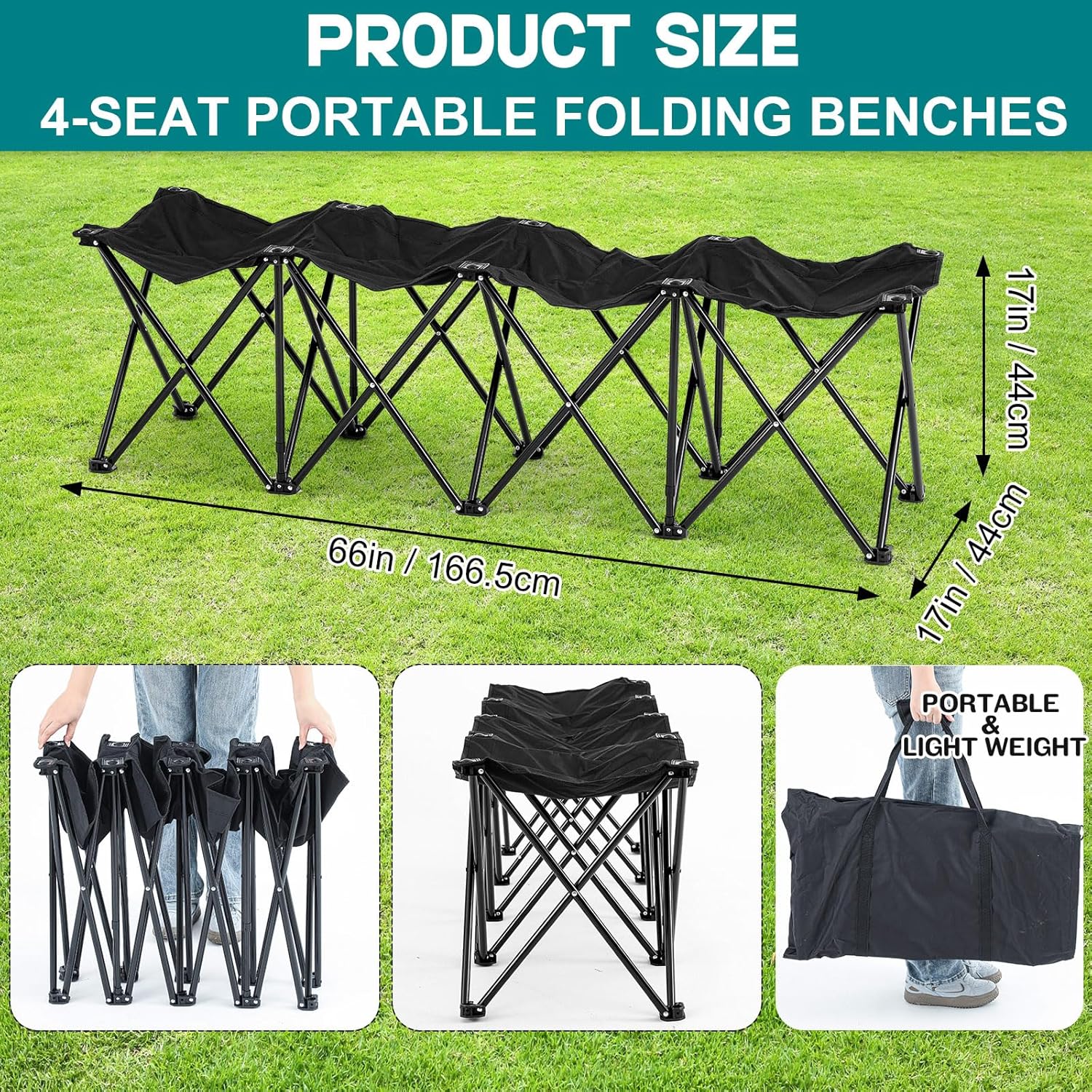 Folding Soccer Team Bench Seat Portable Sports Team Bench Unfolded Sideline Chair Playing Field Bleachers for Football Outdoor Sports Events with Storage Bag, No Assembly(Black,4 Seats) 4 Seats Black image 3 of 6 B0DCJ9FKF4