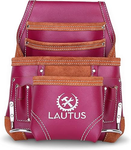 Miniatura 5 de LAUTUS Bolsa de herramientas de cuero curtido al aceite  Borgoña  Carpintero, construcción, enmarcadores, manitas  10 bolsillos, 2 soportes para