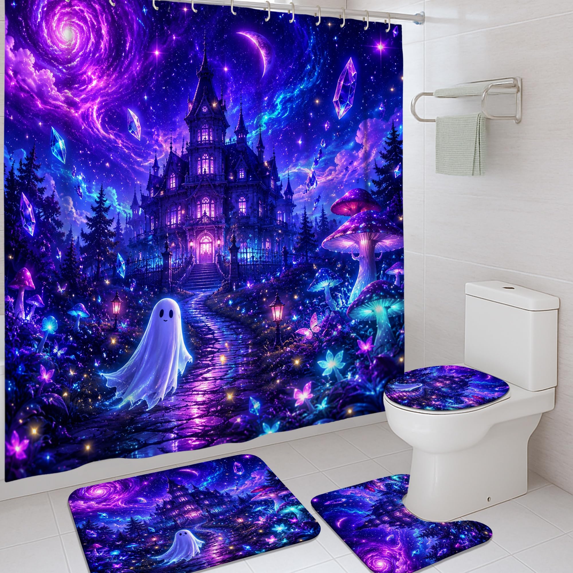 Rideau de douche Halloween violet en polyester avec tapis de bain château fantaisie