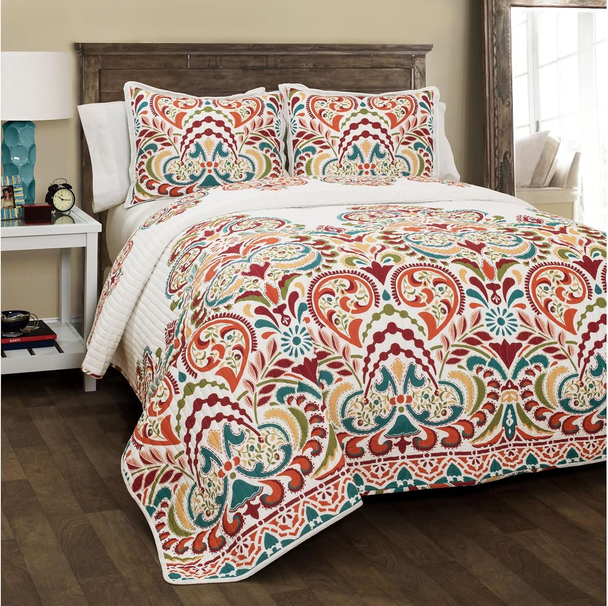 Lush Decor Clara Quilt Juego de cama reversible de 3 piezas, tamaño King, turquesa y mandarina