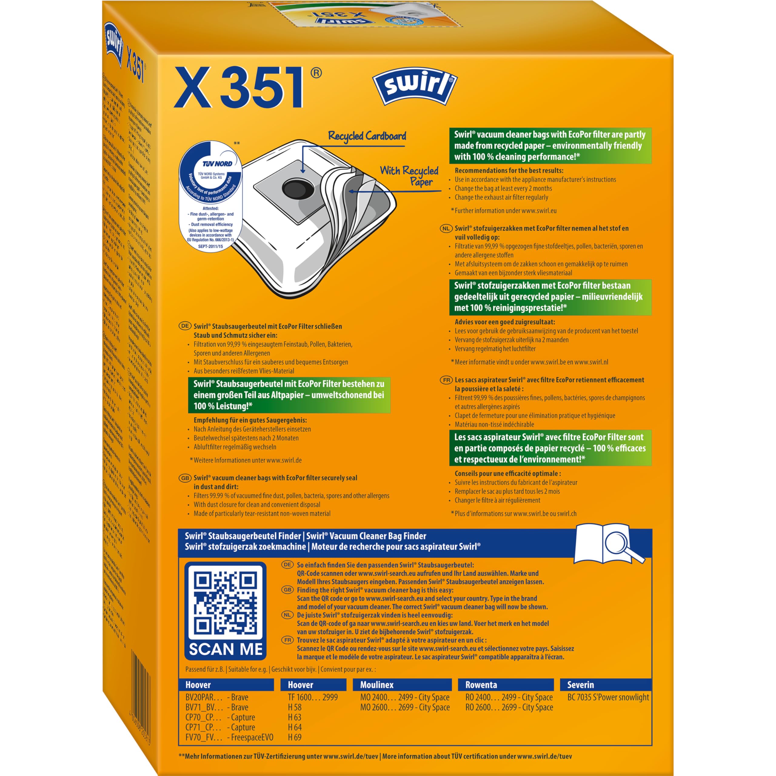 Swirl X 351 Worki do Odkurzacza, Wielokolorowy, 4 sztuki
