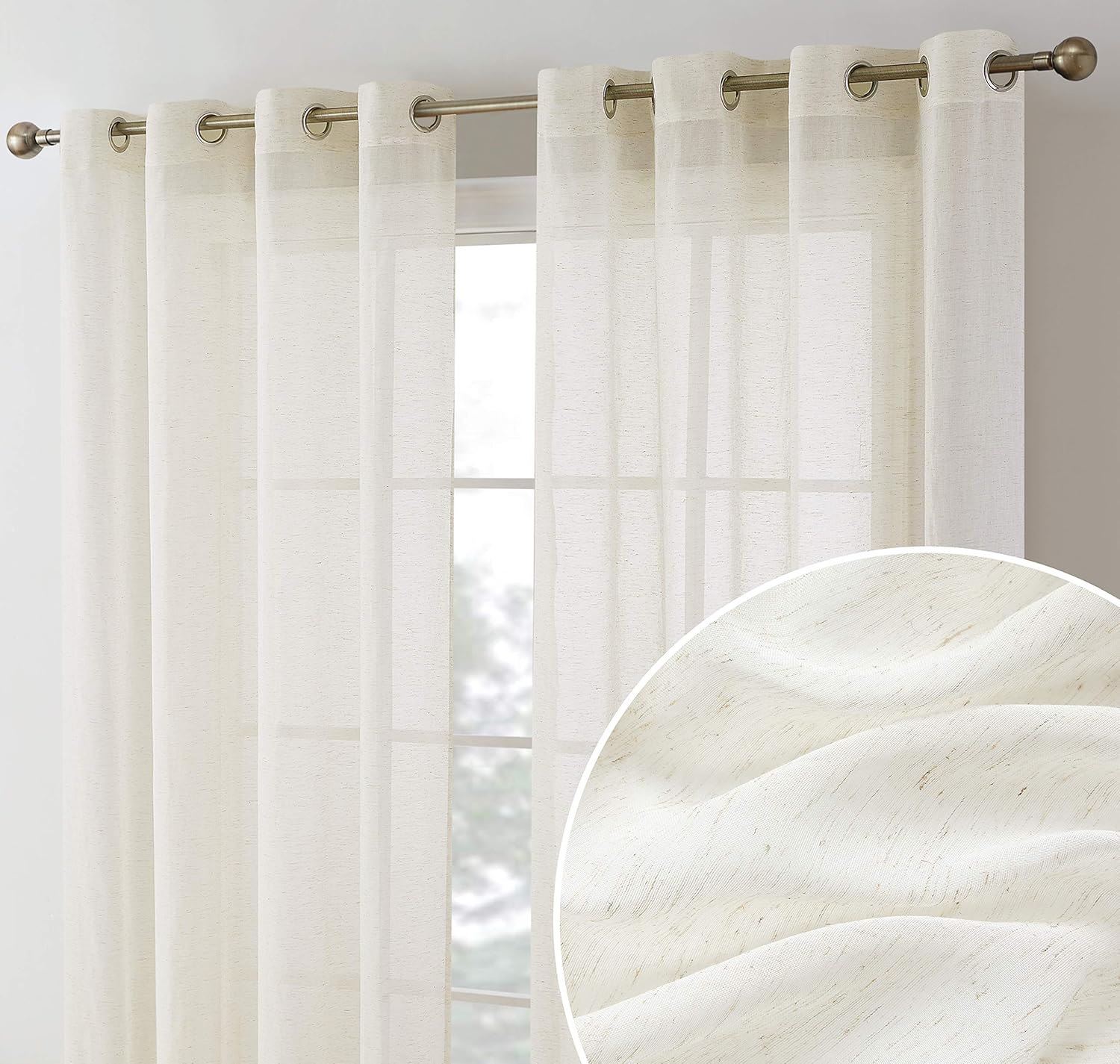 HLC.ME Sierra Burlap Flax Linen Semi Sheer Privacy Sun Light Filtering Transparent Window Grommet Long Thick Curtains Drapery Panels for Bedroom & Living Room, 2 Panels (54 W x 96 L, Natural Linen)