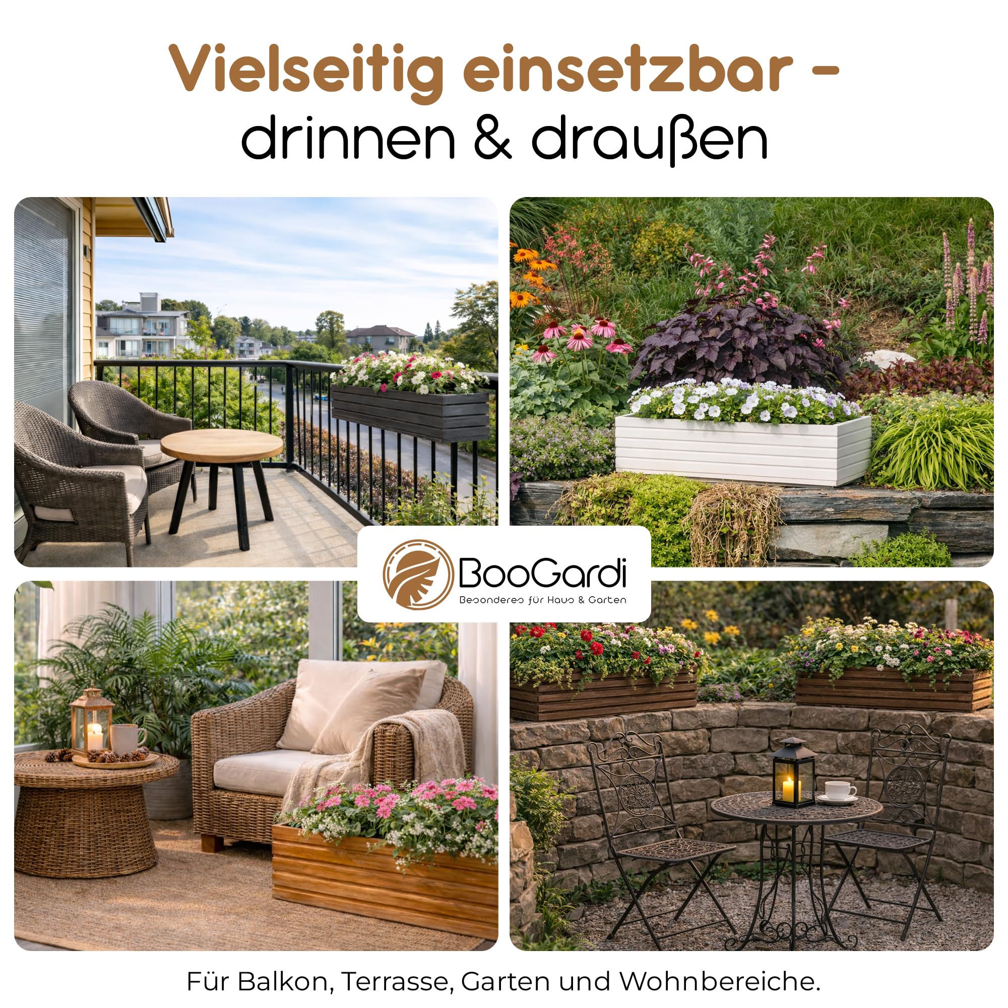 BooGardi Blumenkasten Holz mit Einsatz · Blumenkästen in 3 Größen & 4 Farben · 64x20x14cm Hellbraun · Pflanzkasten für Balkon & Terrasse · Pflanzkübel außen & innen · Blumentopf vormontiert