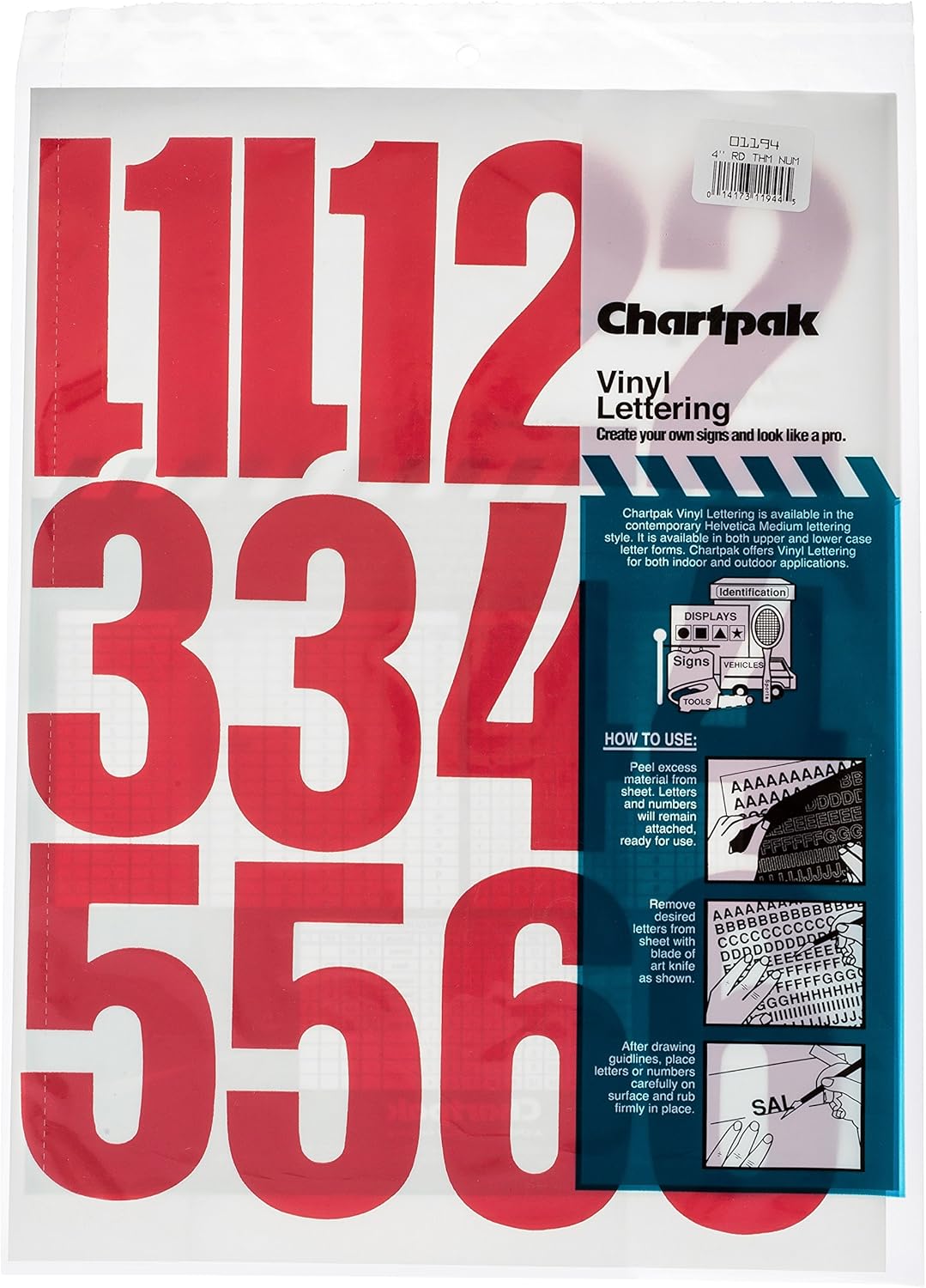 CHARTPAK SelfAdhesive Vinyl Numbers, 4 Inches High, Red
