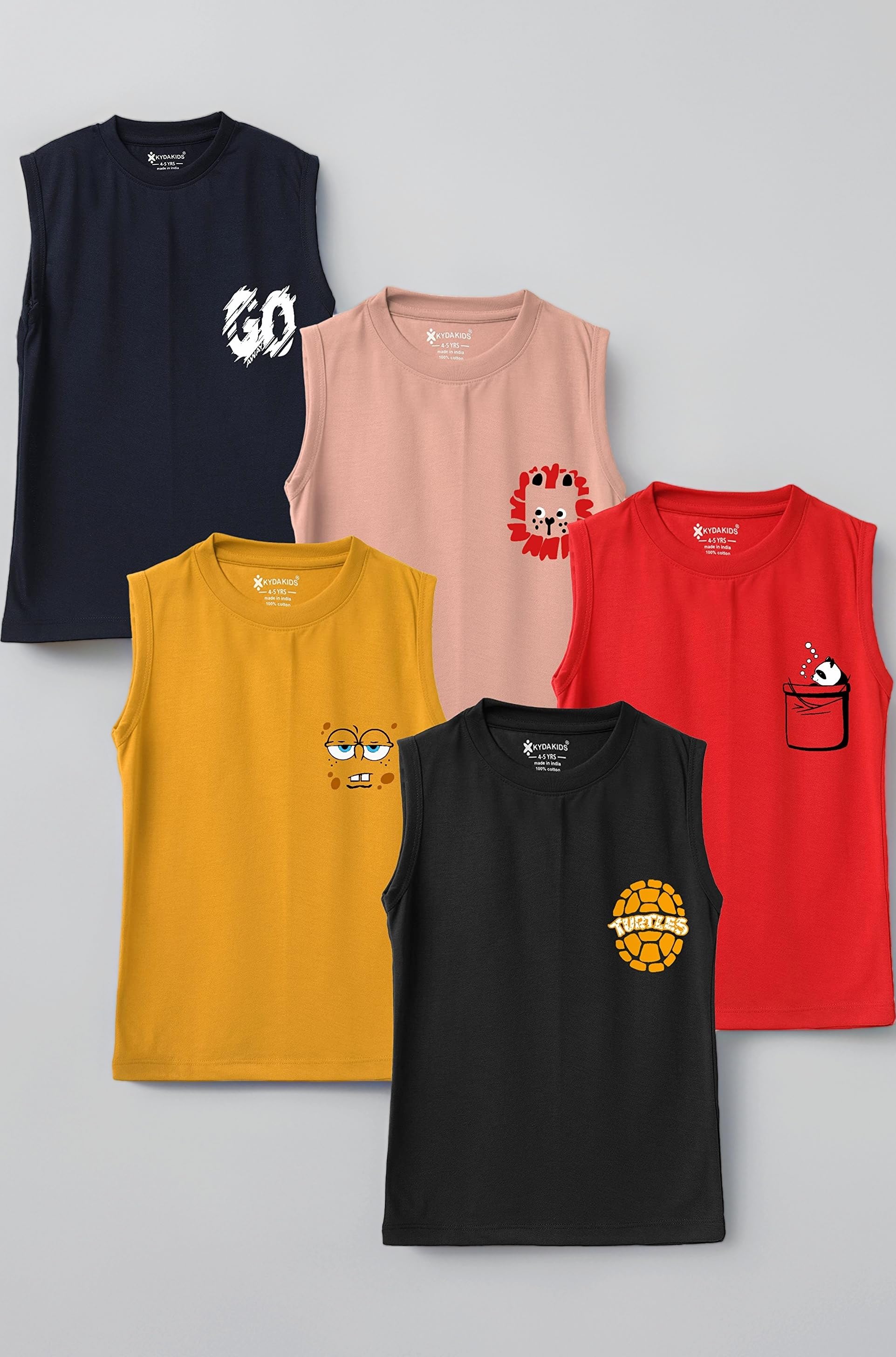 KYDA Kids Cotton Printed Regular Fit Vests for Boy's (Pack of 5)