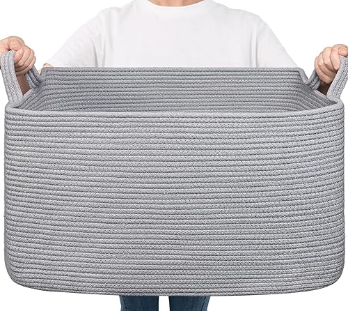 Vista 31 de Goodpick Cesta grande de almacenamiento de juguetes, cestas de cuerda de algodón gris para bebés, niños, cesta de almacenamiento tejida con asa