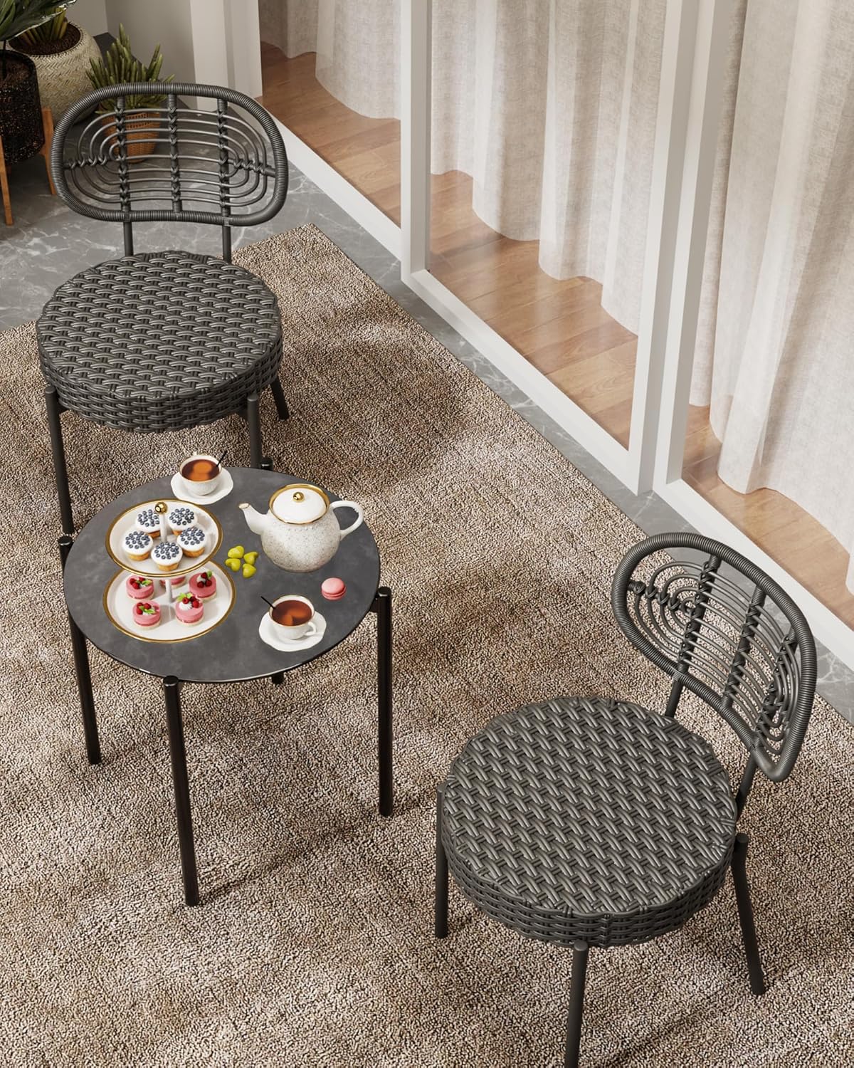 3 Pieces Patio Set, Outdoor Wicker Bistro Set All-Weather Rattan Deck Conversation Set of 3 with Table & Cushions for Deck, Patio, Balcony, Backyard, Black