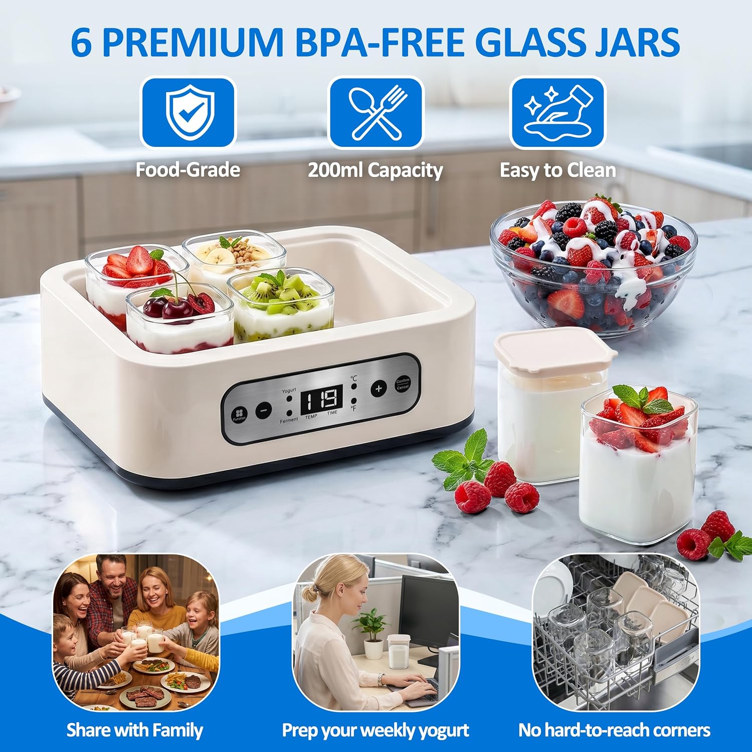 Yogurt Maker Machine with 6 BPA-Free Glass Jars, Digital Temperature Control & Timer, Automatic Yogurt Maker for Homemade Greek Yogurt, LED Display