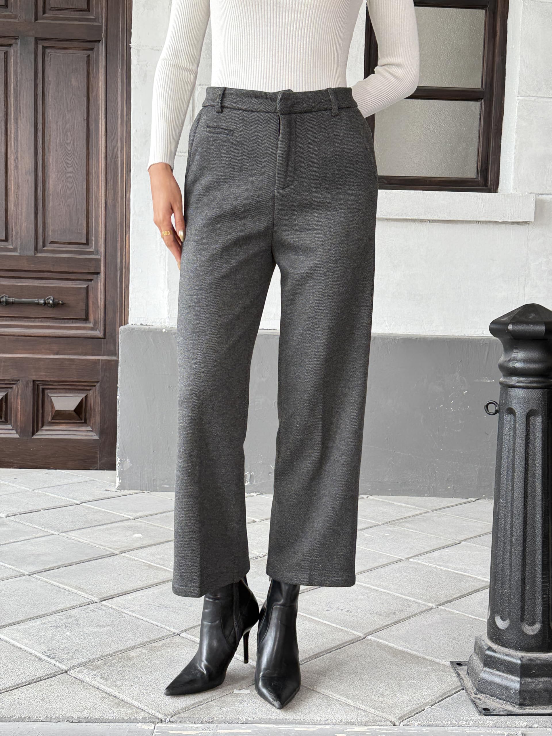 Fakanhui Damen-Winter-Thermohose, Wollmischung, Tweed, bauchfrei, weites Bein, Fleece-gefüttert, Business-Casual-Hose