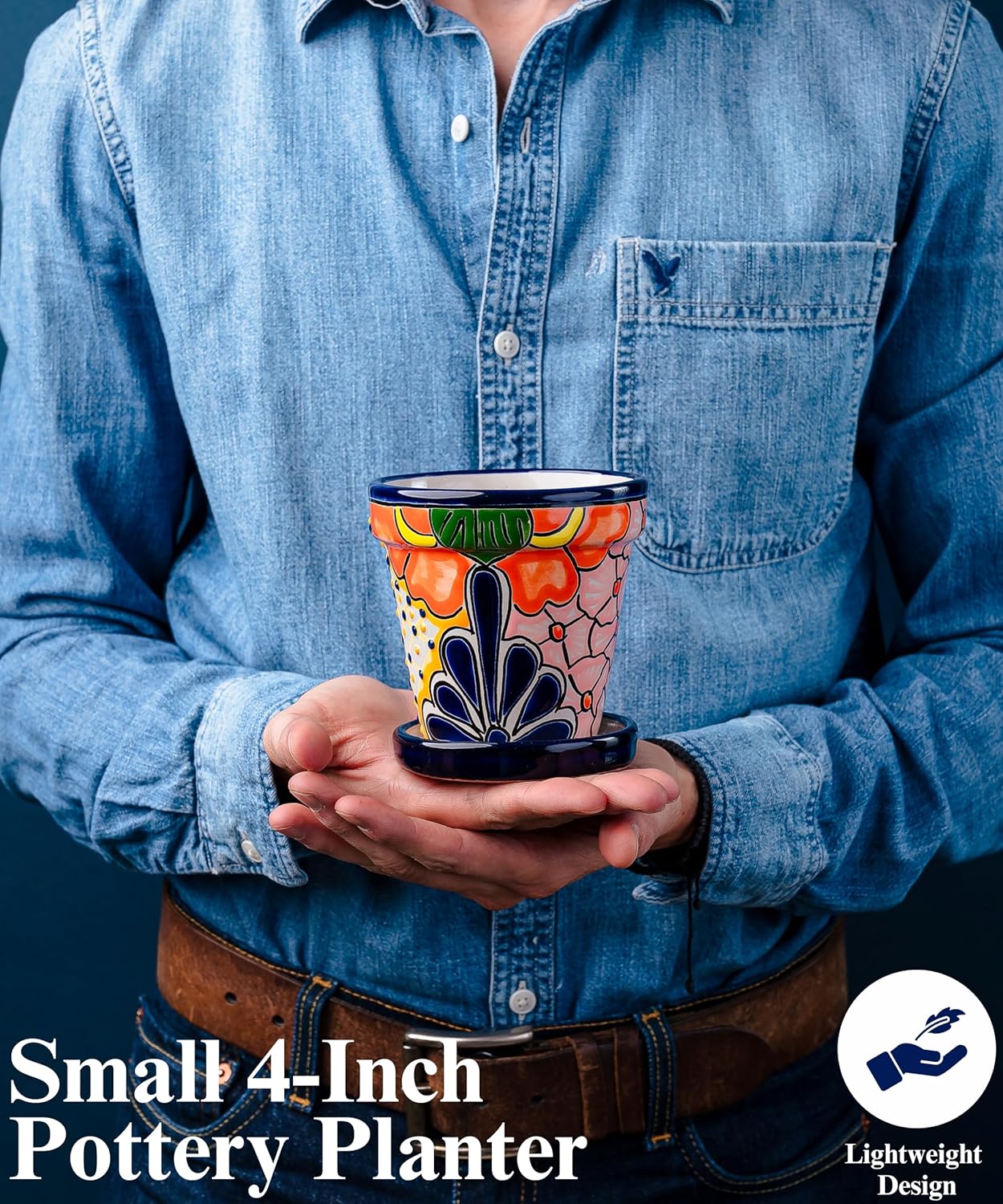 Mexican Pottery Planters - Talavera Planter - Succulent Pots - Ceramic Pots for Plants Indoor & Outdoor with Drainage Hole and Saucer - 4'' W x 4" H (Cobalt Blue-Small)