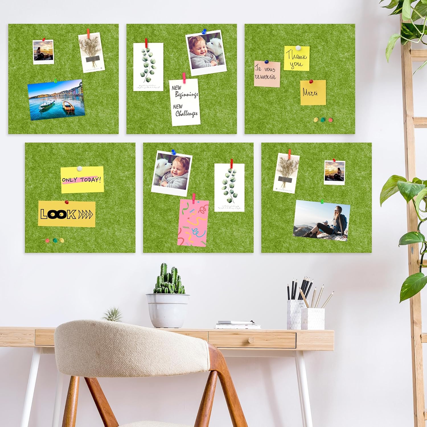 AKTOP Cork Bulletin Board 12x12, 1/2" Thick Felt Cork Board Tiles 6 Pack, Small Square Pin Board for Wall, Self Adhesive Corkboards with 60 Push Pin Wood Clips for School, Home & Office, Green