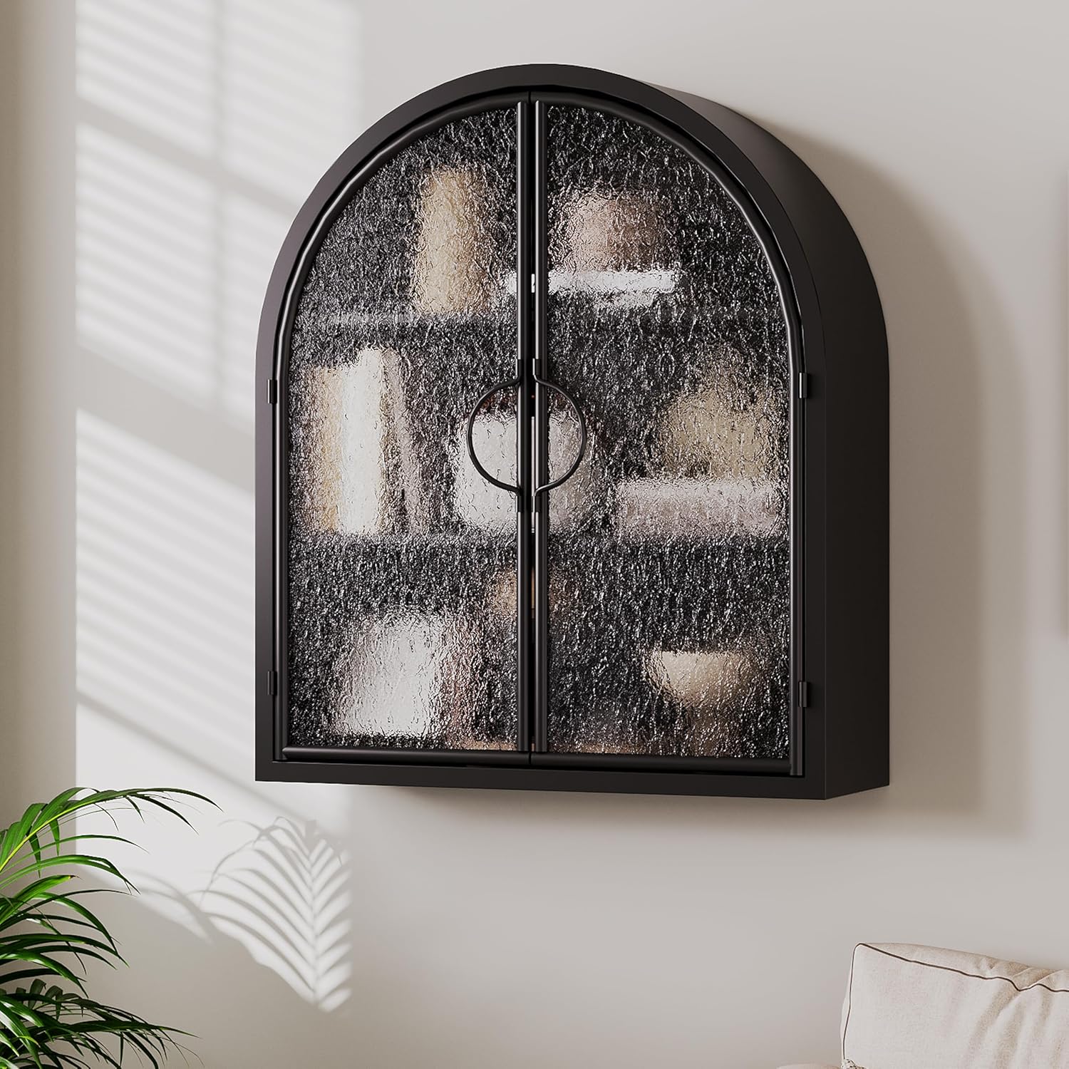 Arched Wall Bathroom Cabinet with Glass Doors, Fully Assembled Over The Toilet Floating Storage Cabinet, Metal Medicine Cupboard for Living Room, Kitchen, Metal Shelves-Frosted Glass, Black