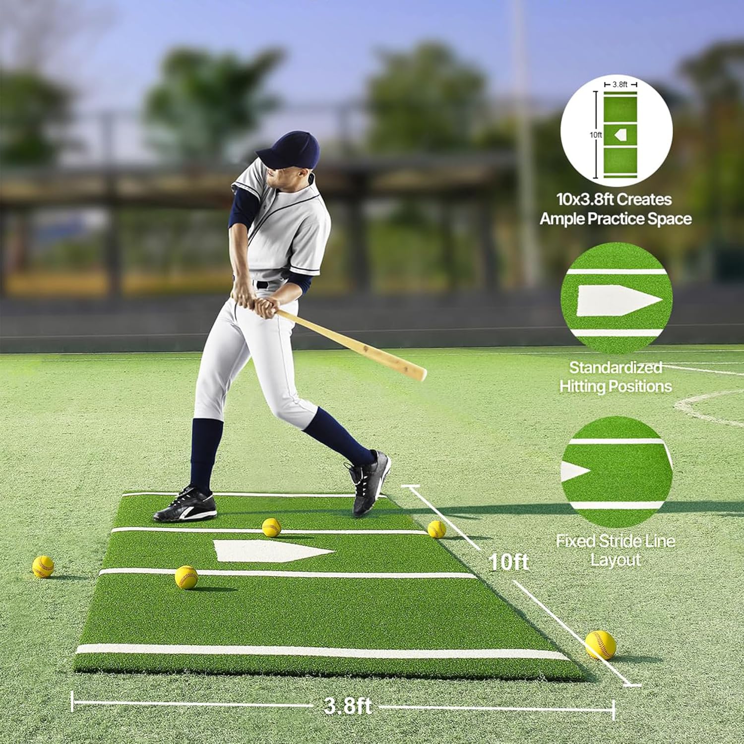 10x3.8 ft Baseball & Softball Hitting Mat– Batting Mat/Pitching Mat with Non-Slip Rubber Base,Home Plate Markings &15mm PE Turf for Baseball Hitting,Softball Pitching