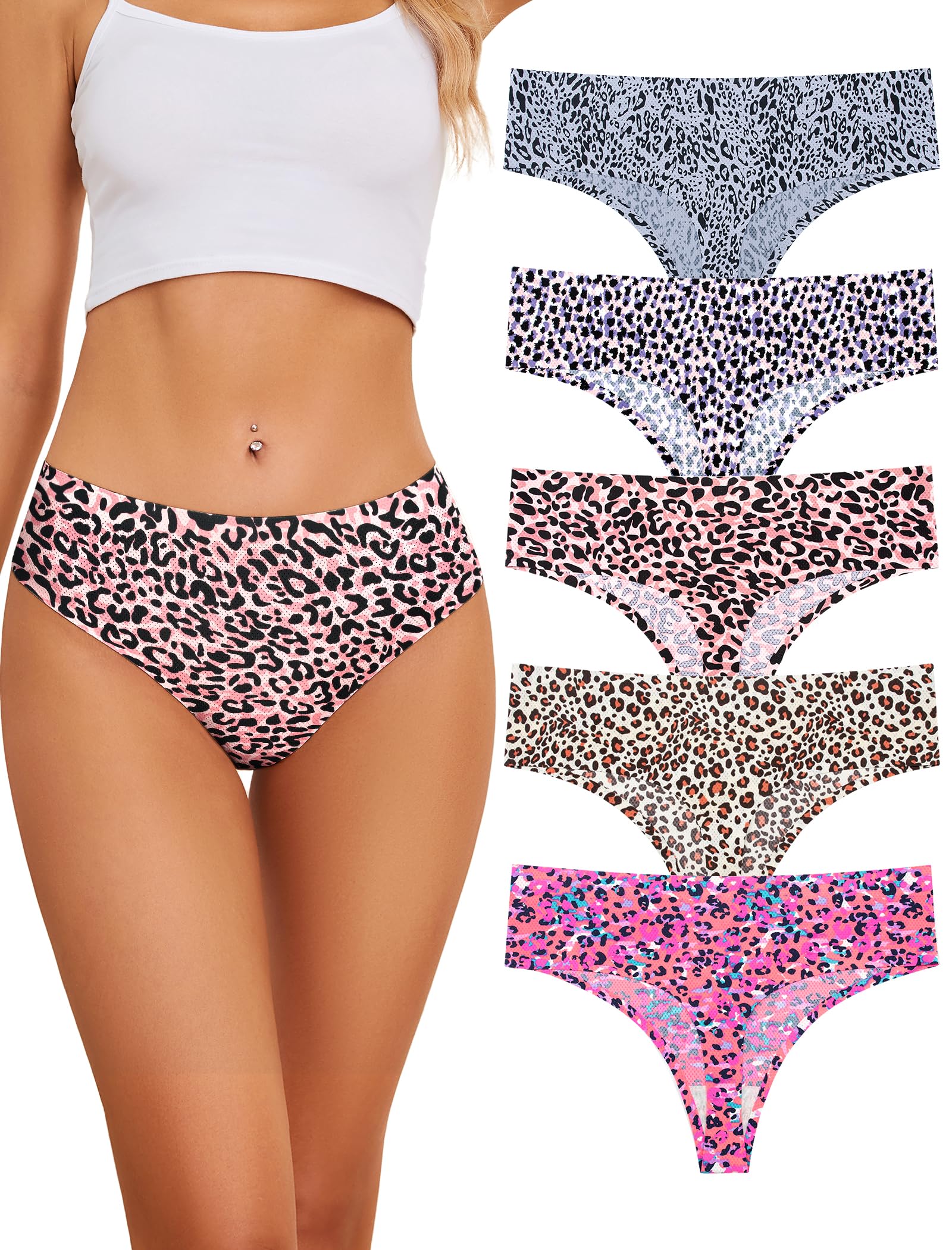 VOENXE Perizoma da Donna Senza Cuciture A Vita Alta,Slip Tange Donna Brasiliana,Invisibili Microfibra Mutande,Biancheria Confezione String Thong,Seamless,Pacco da 5