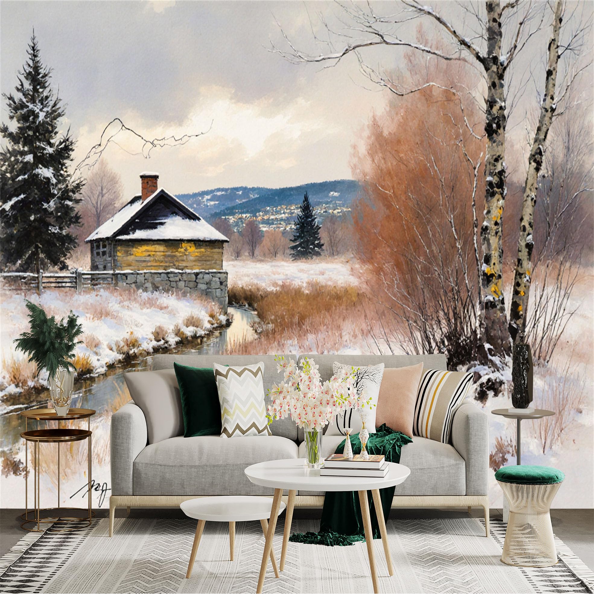 Custom Size Wall Sticker Mural， Winter Landscape with Cabin， River and Snowy Trees， for wall Decoration， peelandstick wall Decals.
