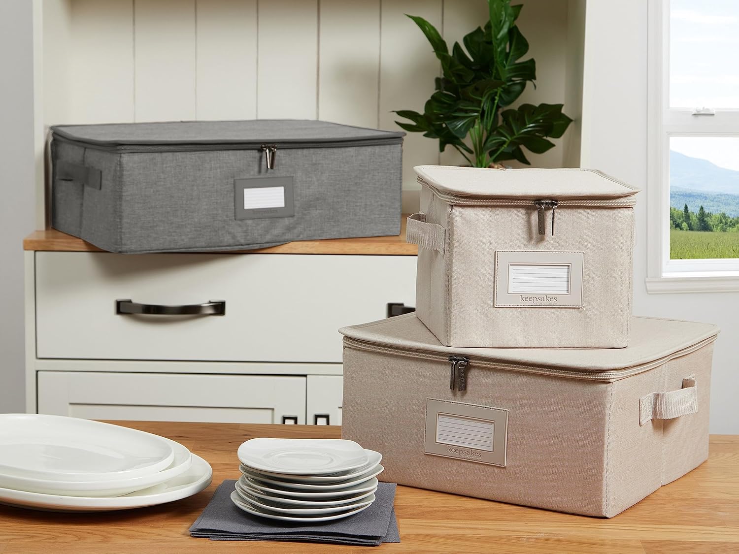 Covermates Keepsakes Dish Storage Box - Stackable, Reinforced Handles, China Storage, Grey Heather