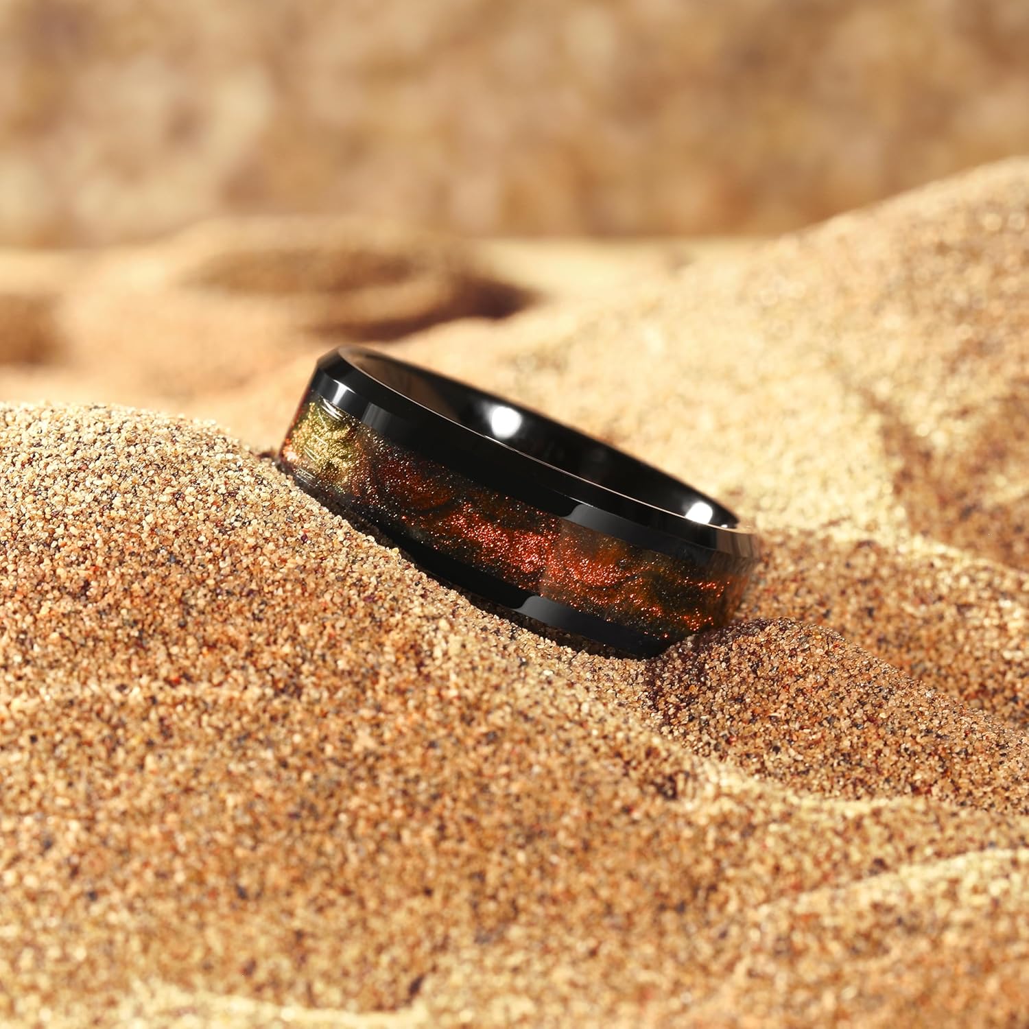 King Will Mens Tungsten Wedding Band, 6mm/8mm Galaxy Style Sandstone Opal Inlay Polished Beveled Edge Unique Rings for Men Women, Comfort Fit, Durable