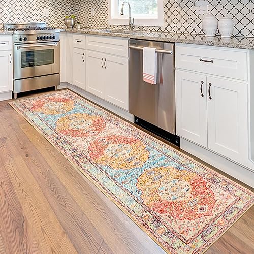 Miniatura 4 de RUGxDJ Alfombra bohemia de medallón de 2 x 8 pulgadas, lavable, alfombra persa para entrada, alfombra antideslizante para interiores, pasillo,