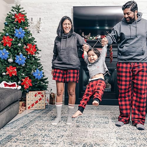 Miniatura 7 de Adornos para árbol de Navidad de flor de pascua azul real con purpurina grande de 9 pulgadas, decoración de flores artificiales para boda, paquete