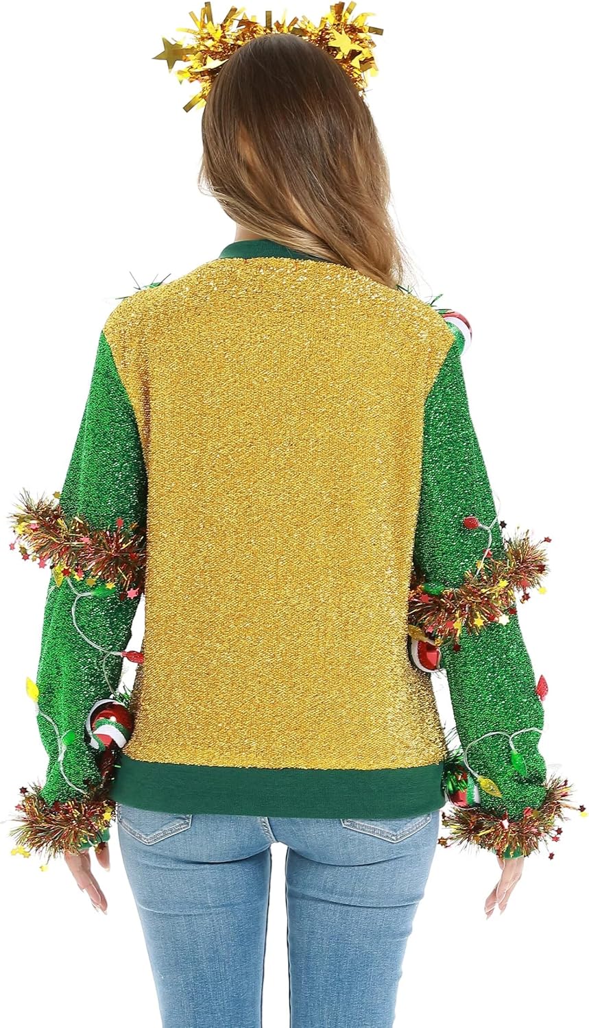 LED Ugly Christmas Sweater for Women, Unisex Men Xmas Pullover with Light for Party FestiveMediumSparkle & Glow