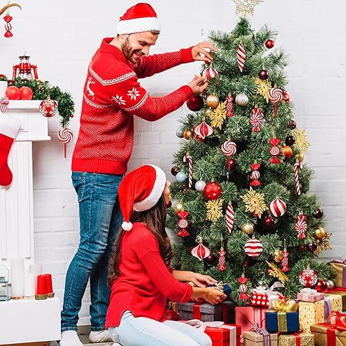 Miniatura 6 de Juego de adornos de Navidad, 48 piezas para decoración del árbol de Navidad, colgantes de bolas de bastones de caramelo brillantes de plástico para