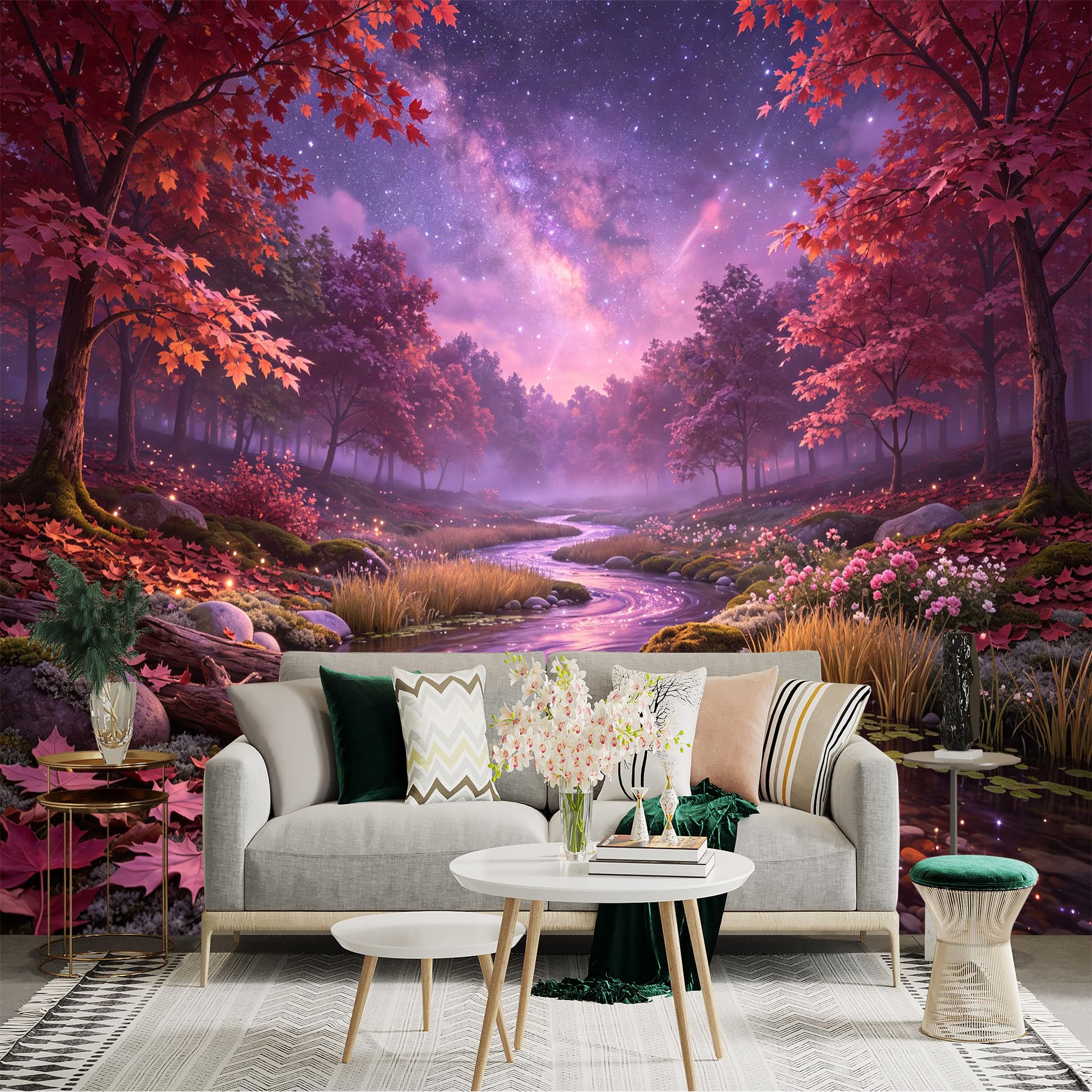Lnzczhyre Bh260719415 Custom Size Wall Sticker Mural， Enchanted Autumn Forest， Glowing River， Purple Galaxy Sky， Vibrant Red Foliage， For Wall Decoration， Peelandstick Wall Decals.