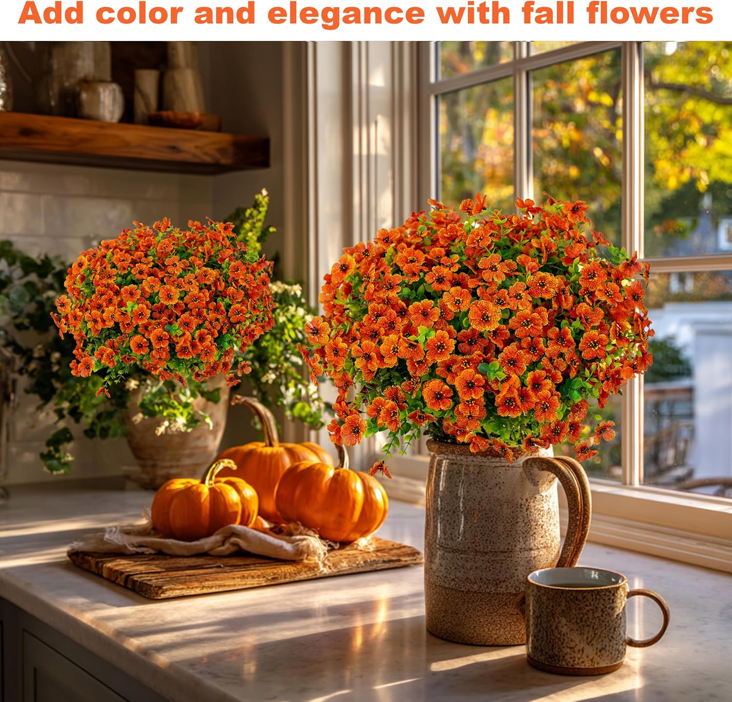 Artificial Fall Flowers Outdoor Fake Mums - 16 Bundles Fake Plants UV Resistant No Fade Faux Plastic Greenery Garden Porch Patio Fall Home Decor (Red Orange16) - Image 4