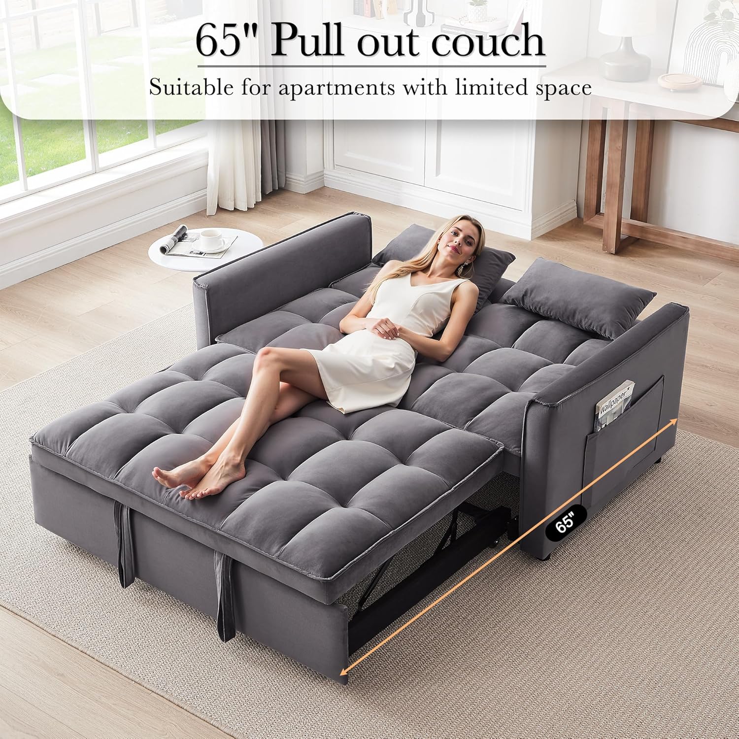 3 in 1 Convertible Sleeper Sofa Bed, Futon Couches for Living Room with Side Pocket | Adjustable Backrest | Velvet Fabric | Pull Out Couch | Small Loveseat | Sectional Sofa Bed (Darkgrey)