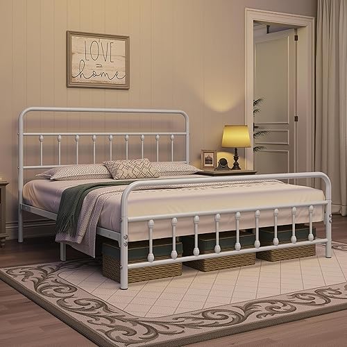 Miniatura 113 de Topeakmart Marco de cama de metal de estilo victoriano tamaño matrimonial con cabecero, base de colchón, no necesita somier, almacenamiento debajo