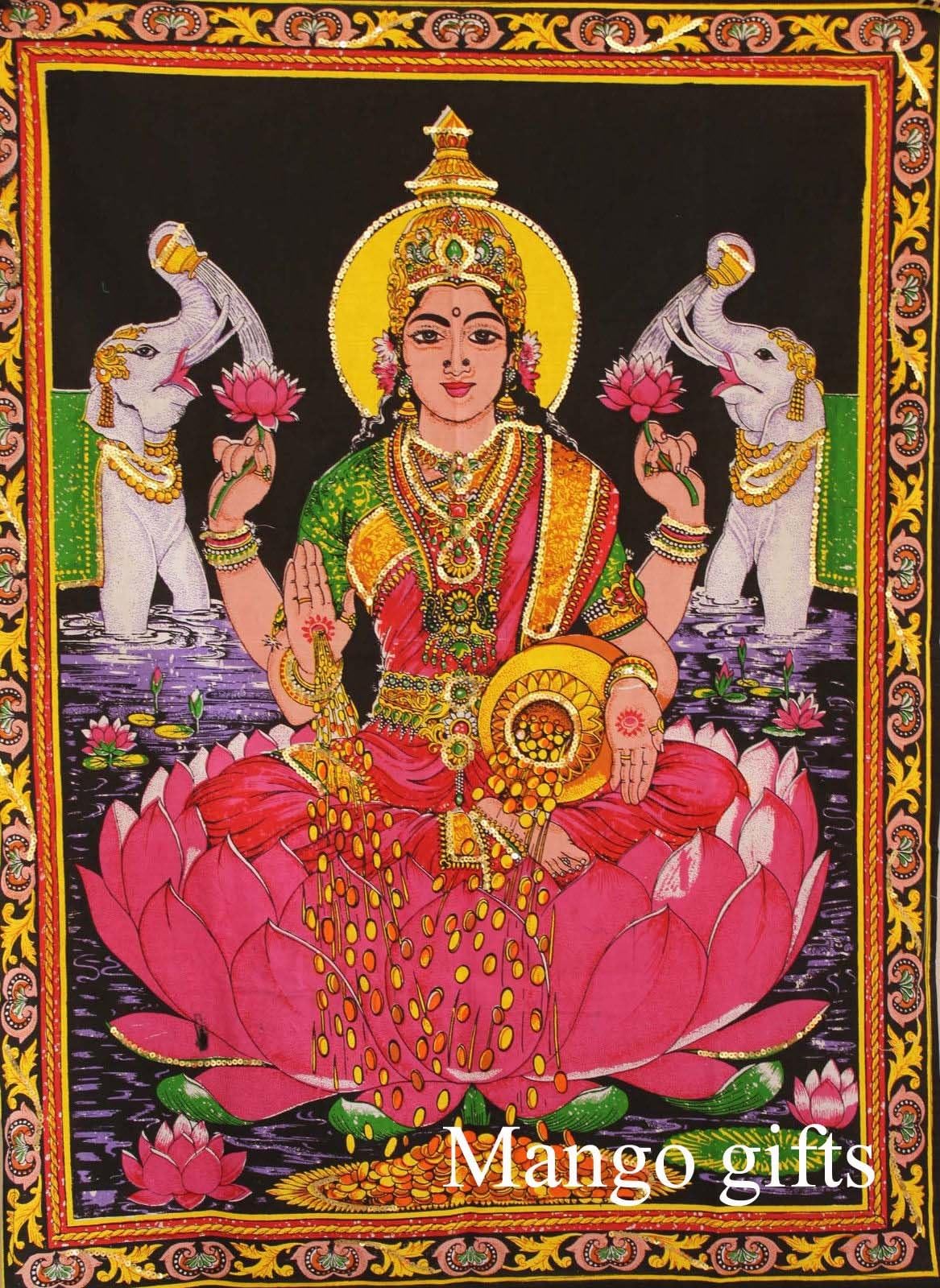 Mango Gifts Cotton Fabric Goddess Laxmi/Lakshmi 31" X 40" Tapestry India With Sequins Work