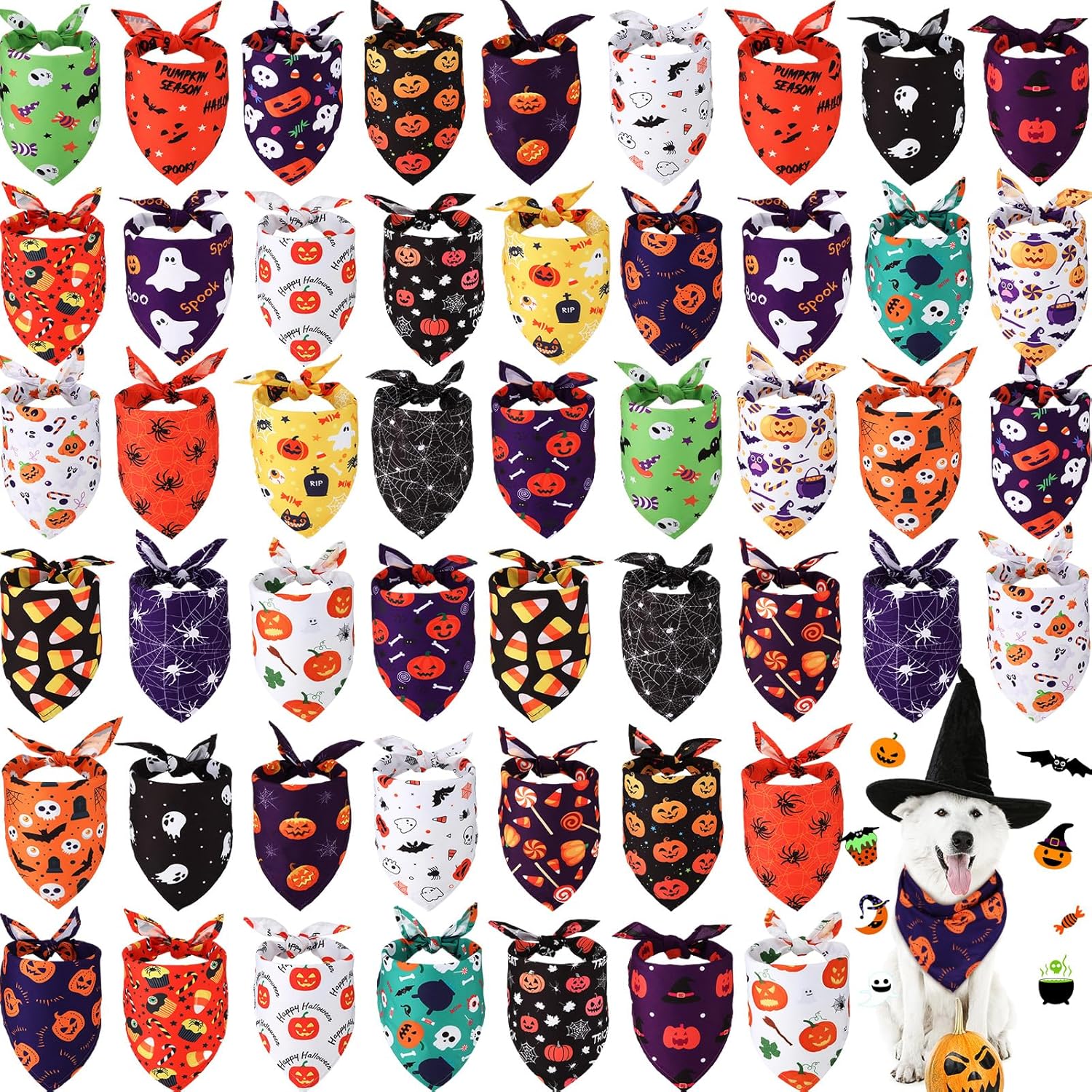 Silkfly 50 Pcs Halloween Dog Bandanas Bulk Triangle Dog Kerchief Set with Pumpkin Spider Pattern for Pet Costume Accessories(L)
