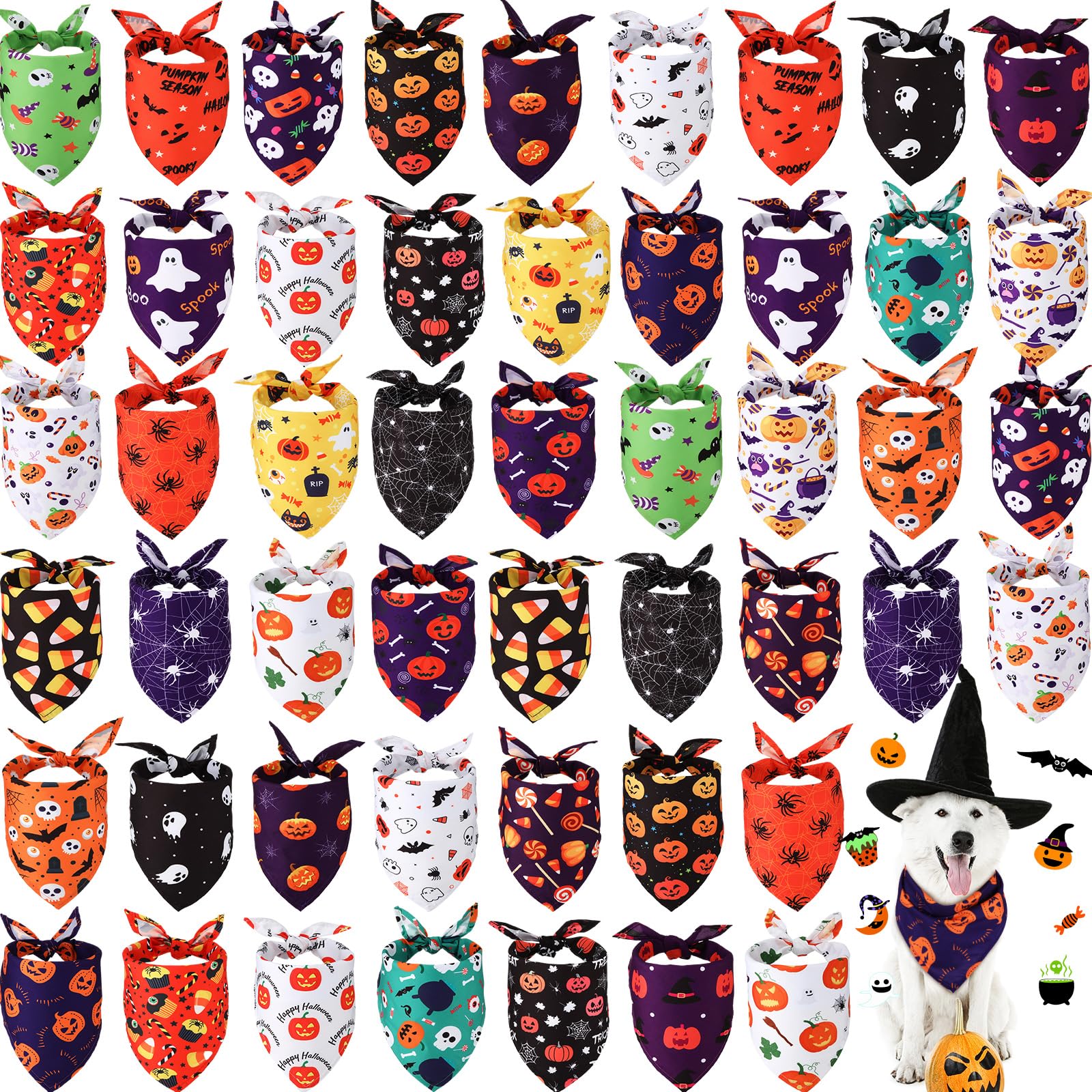 Silkfly Lot de 50 bandanas d'Halloween pour chien en vrac pour chiens, bavoirs triangulaires pour chien, bandanas pour chien avec motif citrouille et araignée, écharpe pour animal domestique pour