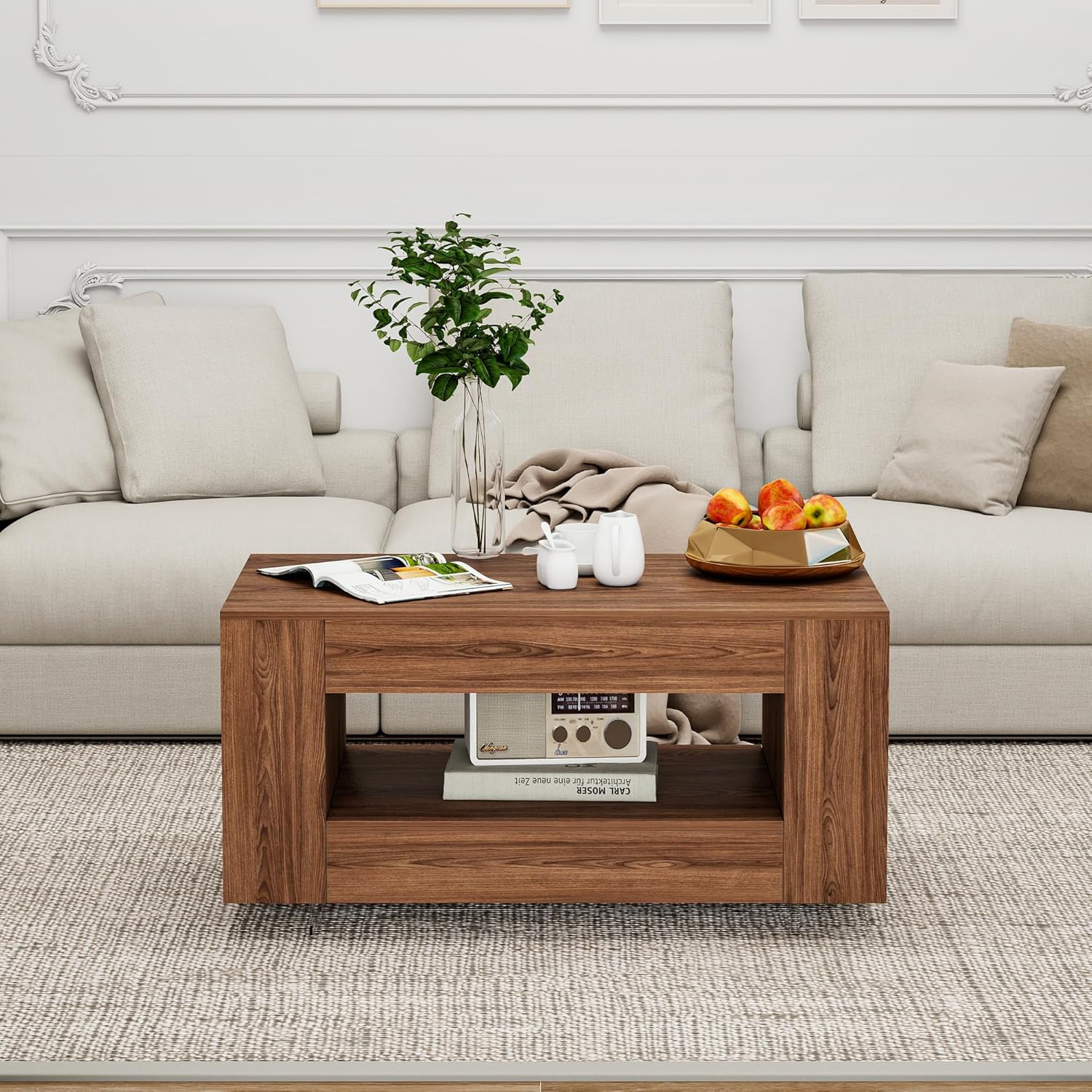 35" Wood Coffee Table for Living Room, Sides Storage with Transparent Legs, Minimalist Farmhouse 2-Tier Storage Shelf Center Table for Home Office, Apartment, Walnut