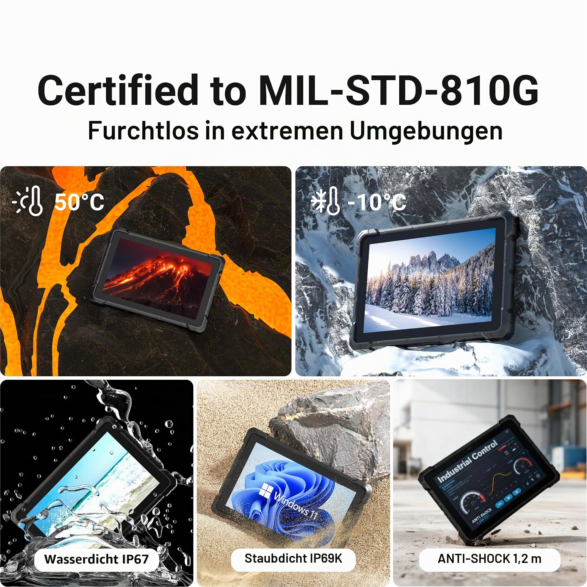 Robustes Tablet PC-HEIGAOLAPC Outdoor Industrielles Tablet 10,1” Wasserdicht IP67 Win 11 Pro, N4105, 8GB Ram, 128GB Rom, Sonnenlichtlesbares 1920x1200 IPS Display, 4G LTE, 8000mAh, HDMI, Type-C, RS232