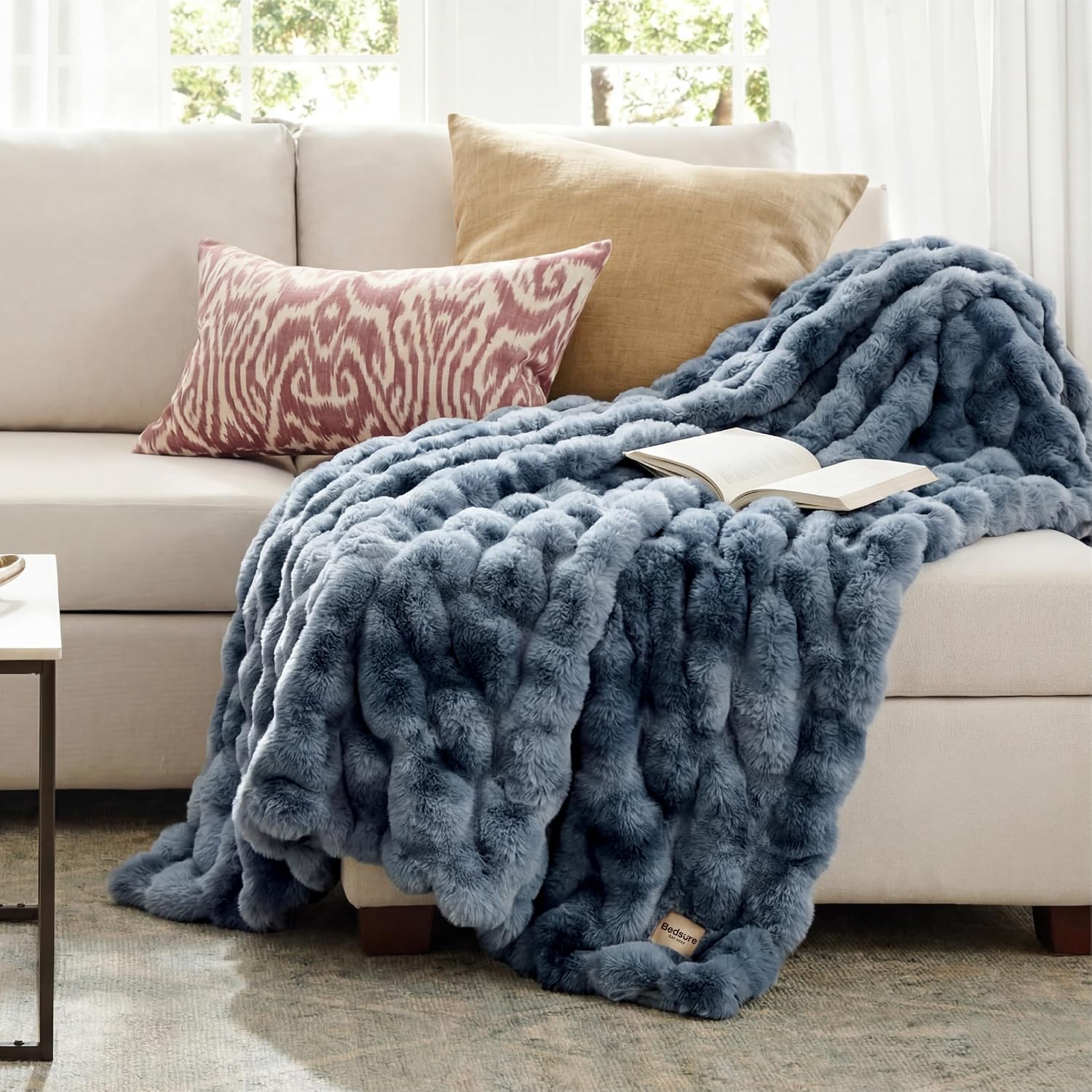 Bedsure GentleSoft Fluffy Fuzzy Tie-dye Blue Throw Blanket, Soft Cozy Fleece Faux Fur Blanket for Couch, Navy Blue Room Decor Minky Velvet Bed Cover, Thick Warm Plush Women Men Birthday Gifts