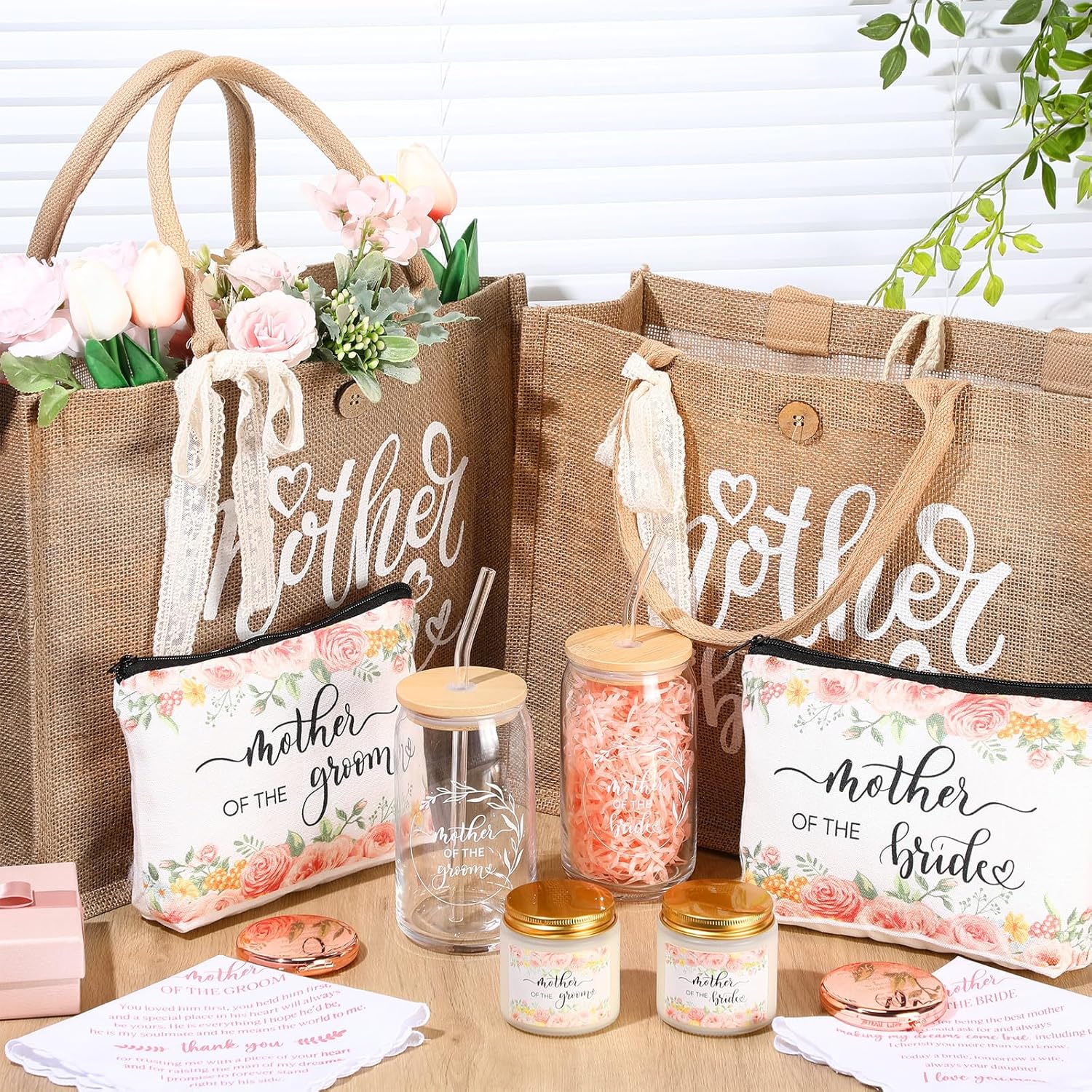 Hushee 2 Sets Mother of the Bride and Mother of the Groom Gifts Set Includes 16 oz Glass Cups Canvas Tote Bags Cosmetic Bag Handkerchief Candle for Mom Bridal Shower Wedding Gifts (Flower)