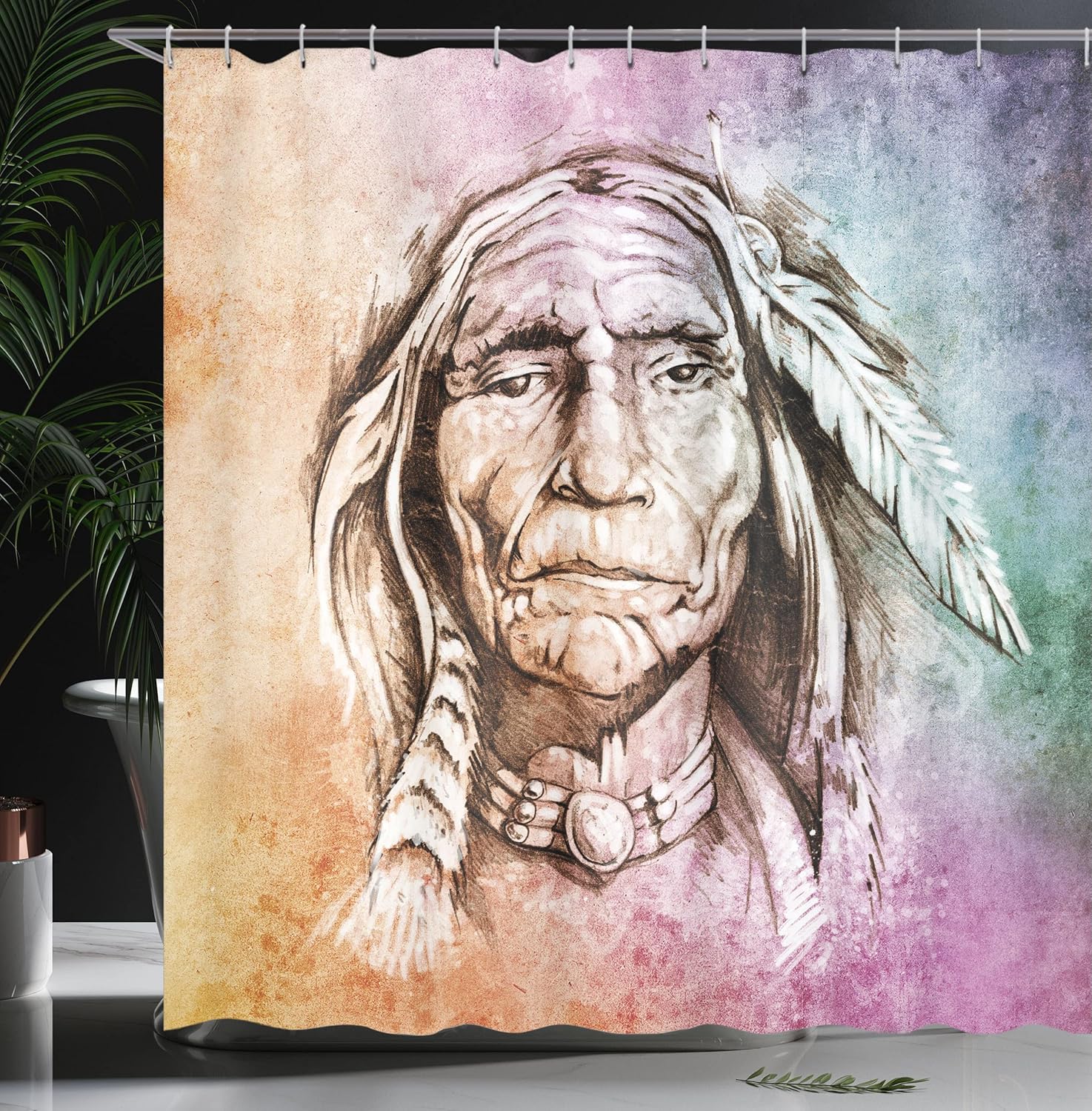 Ambesonne Colorful Shower Curtain, Portrait of Chief Feather Band Watercolor Style Image, Cloth Fabric Bathroom Decor Set with Hooks, 69" W x 84" L, Light Orange