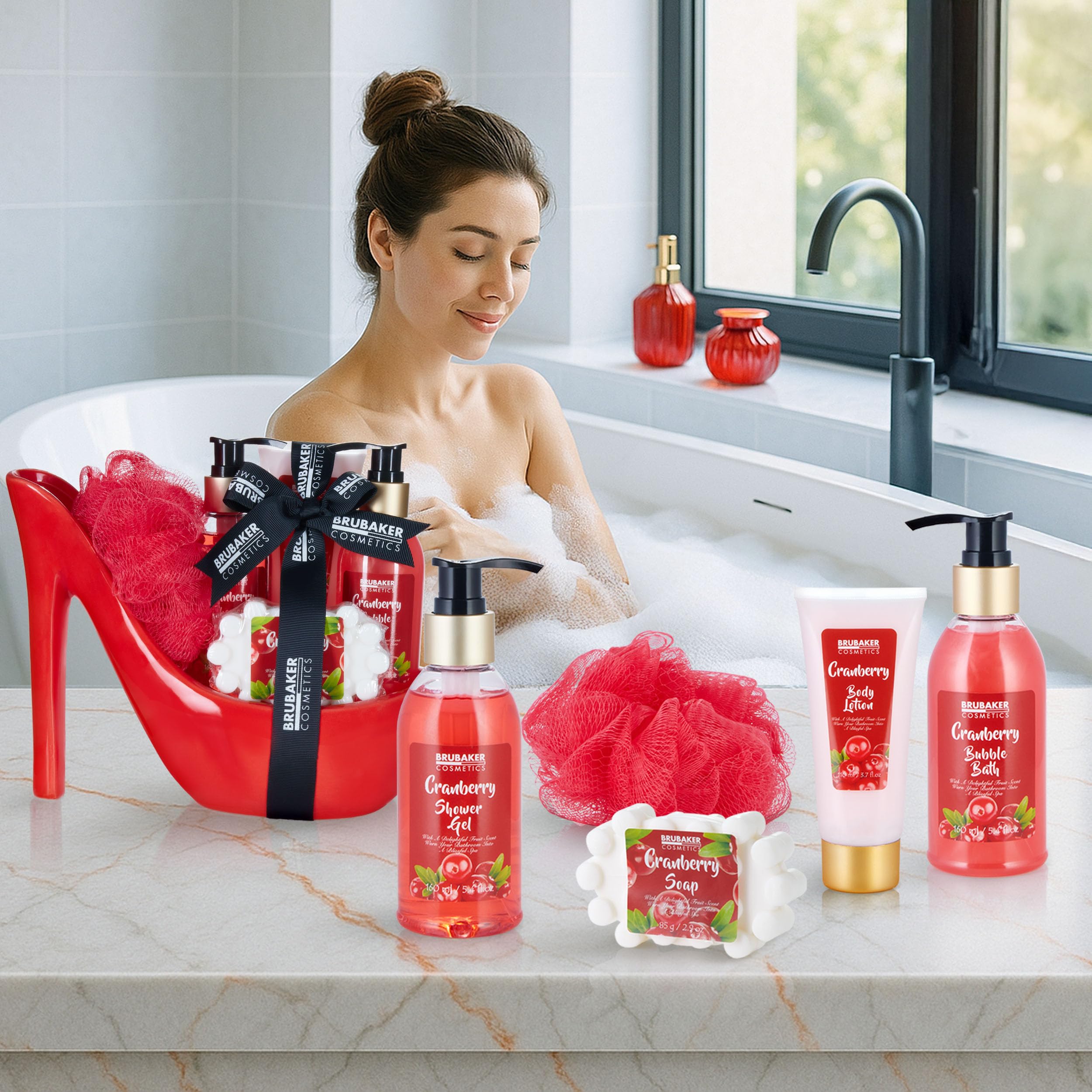 BRUBAKER Cosmetics Luxury Cranberry Beautyset - Set de Baño y Ducha de 6 Piezas - Set de Regalo en Rojo con Estilete de Cerámica
