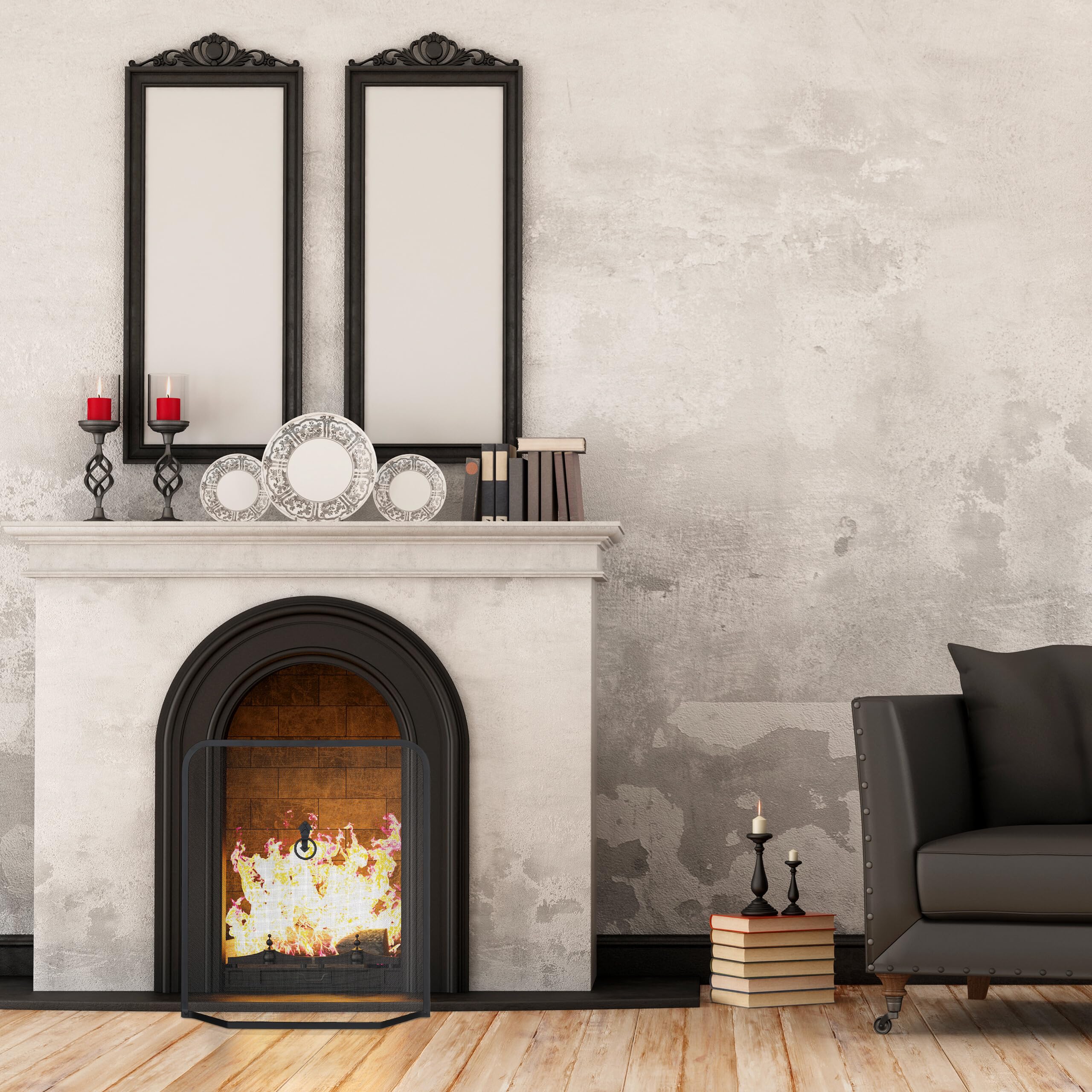 Relaxdays Griglia Parascintille, Protezione per Camino, Stufa Caminetto, H x L: 61 x 54 cm, in Ferro Battuto, Nero