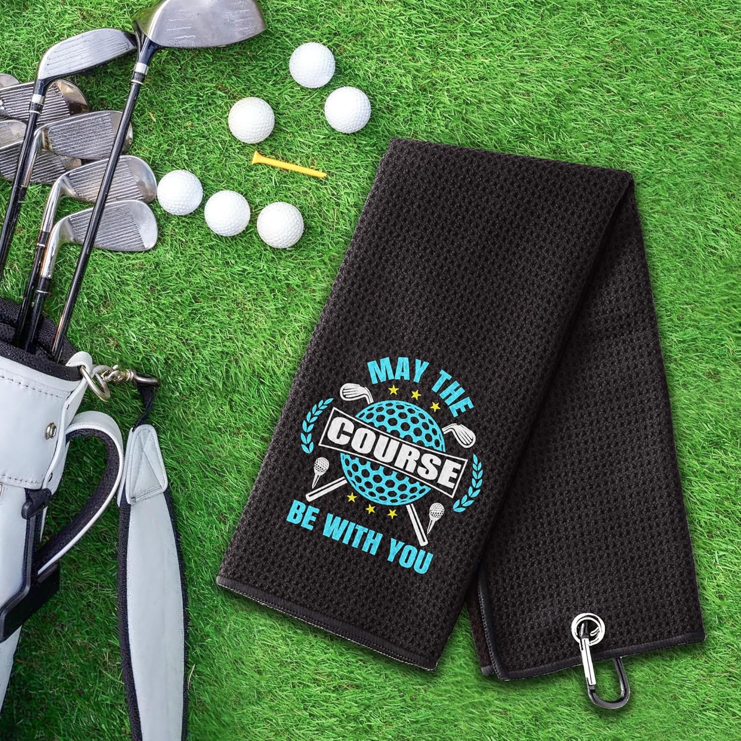 Golf Towel with Carabiner Clip Microfiber, May The Course Be with You Funny Golf Towels for Golf Bags for Men, Retirement Gift for Golfers, Gift for Grandpa Dad Brother, Black, 16"X23" - Image 3