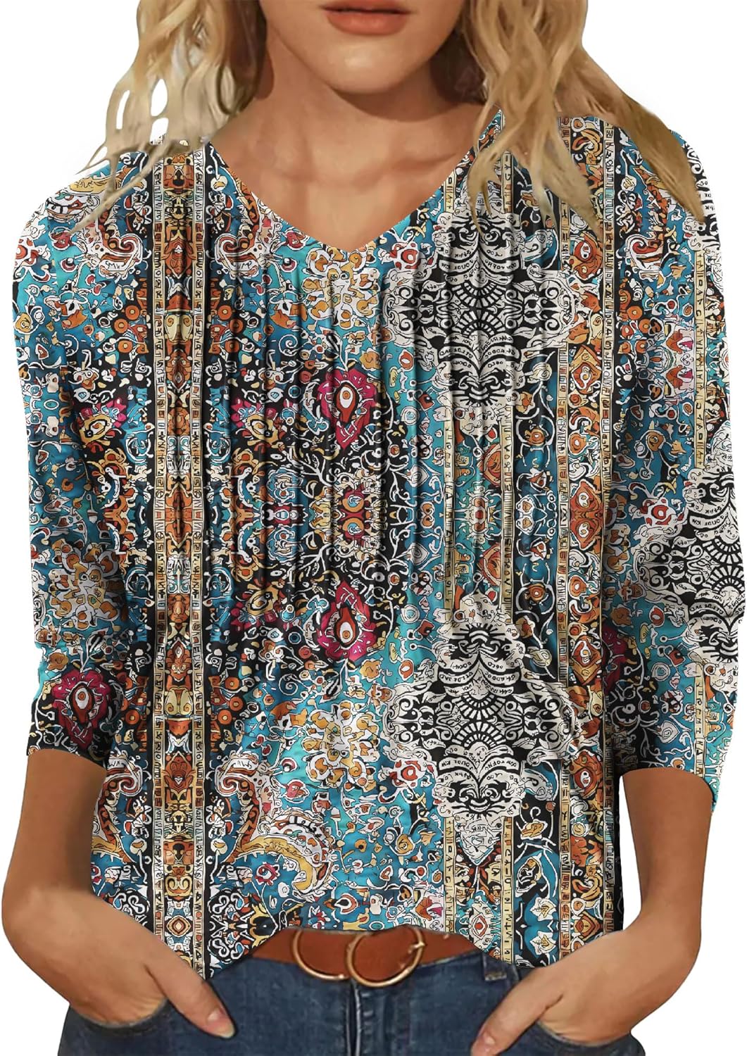 3/4 Length Sleeve Womens Tops V Neck T Shirts Casual Pleated Tunic for Women Fashion Loose Blouses