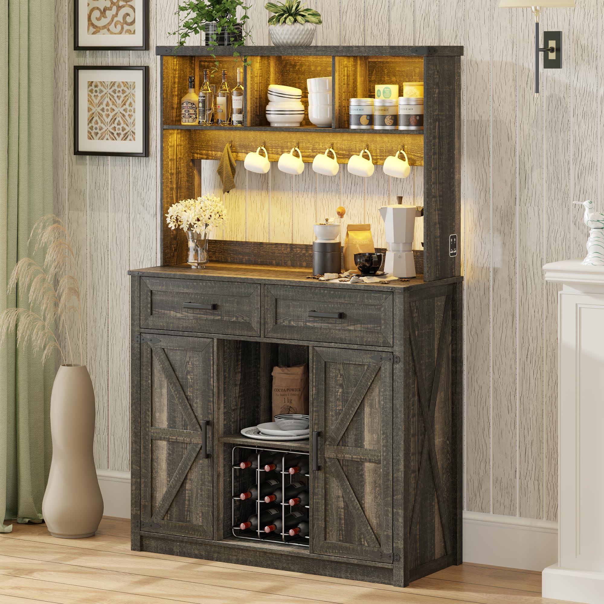 TAGELIER Farmhouse Sideboard Buffet Cabinet with Storage, LED Coffee Bar with 3 Color Lights and Charging Station, Credenza Storage Cabinet with Barn