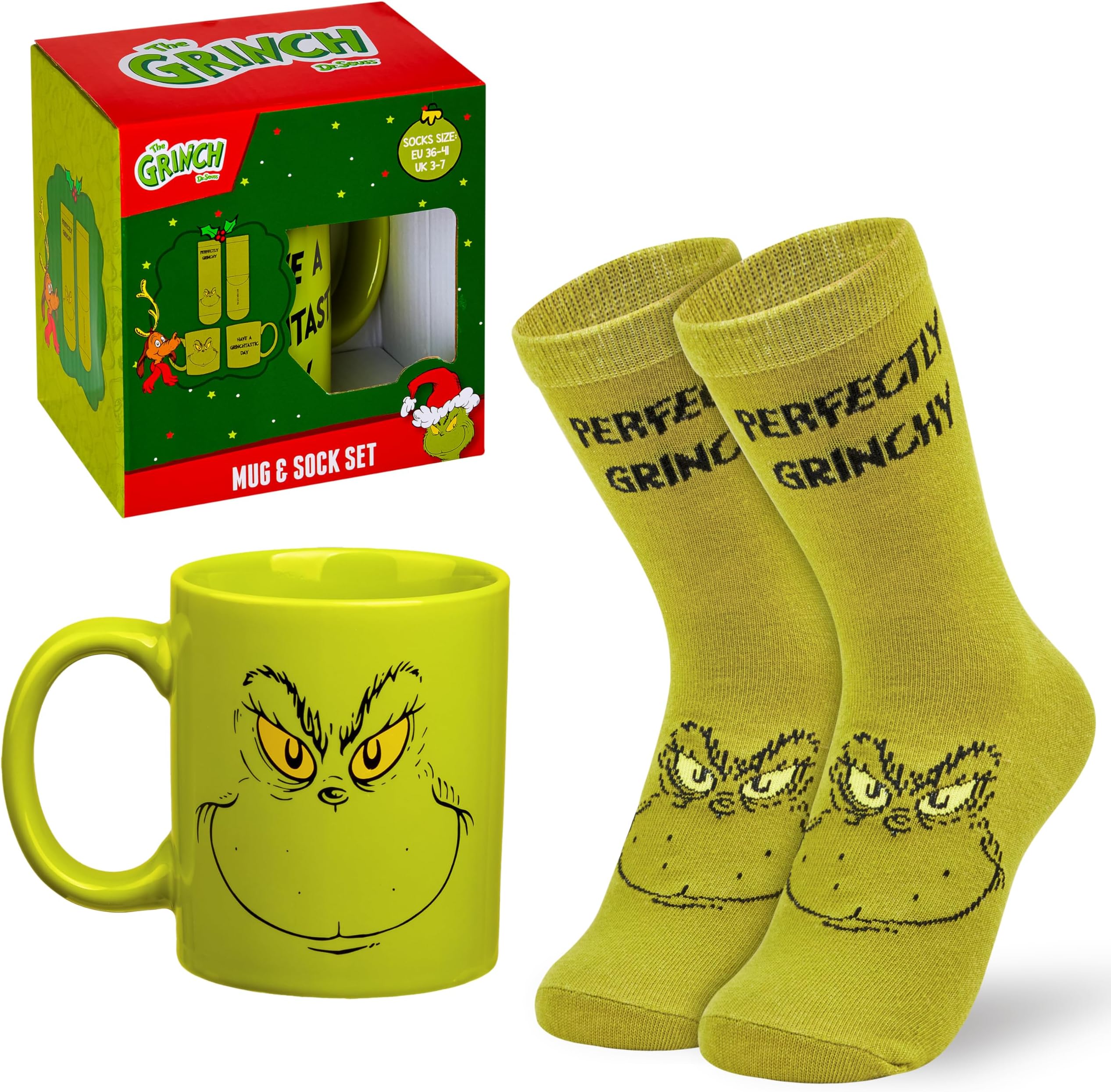 The Grinch Mug and Calf Socks Gift Set for Women Teenagers Funny 340ml Ceramic Mug Soft Socks, Xmas Secret Santa Gifts for Her