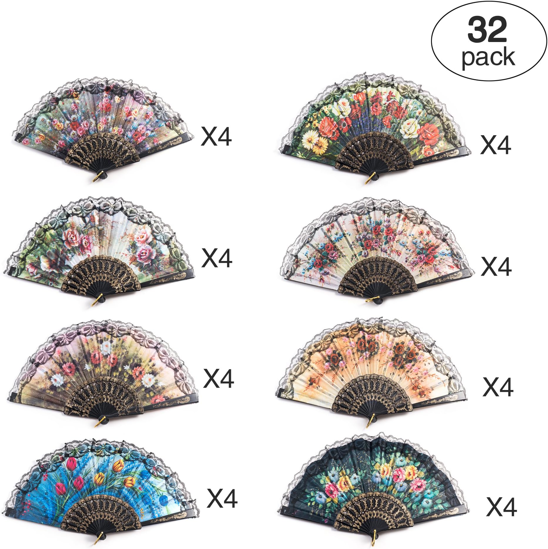 32 Pack Spanish Floral Folding Hand Fan Women Vintage Retro Pattern Fabric Fans （8 different patterns）