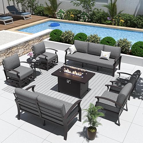 ALAULM Aluminum Patio Furniture Set with Propane Fire Pit Table 9-seat Metal Outdoor Furniture w/Fire Pit Patio Sectional w/5.1" Cushions for Patio, Backyard, Poolside-Grey