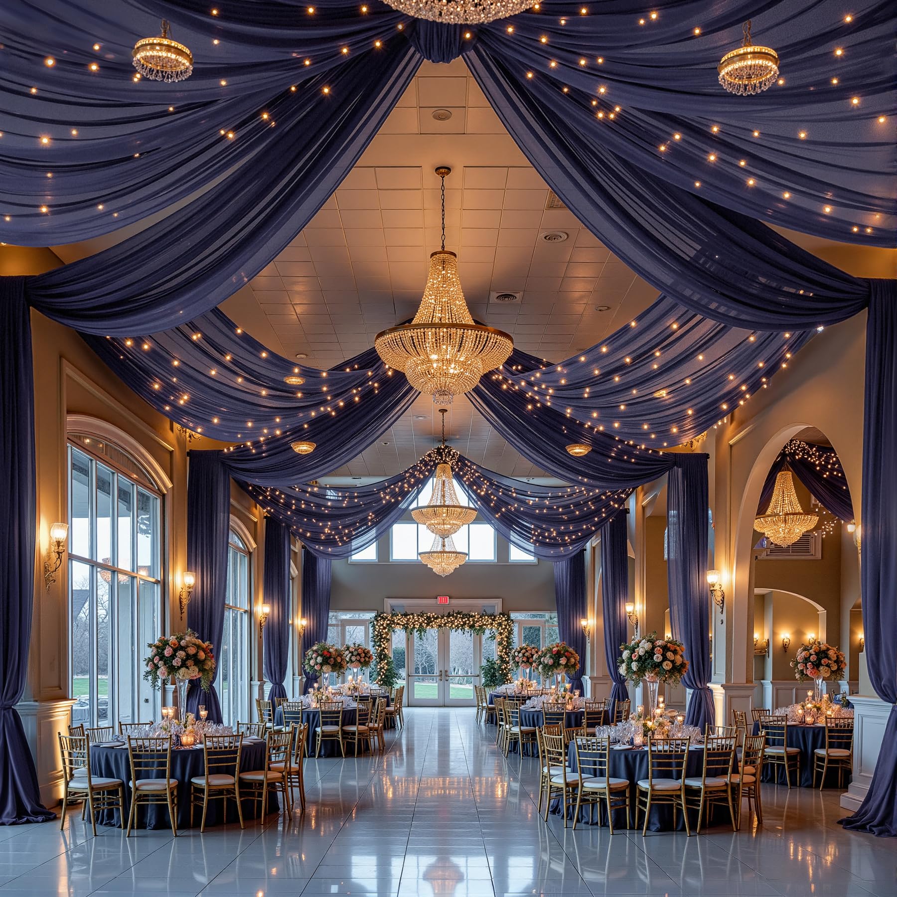 6 Panels Navy Blue Ceiling Drapes with Lights 5ftx30ft