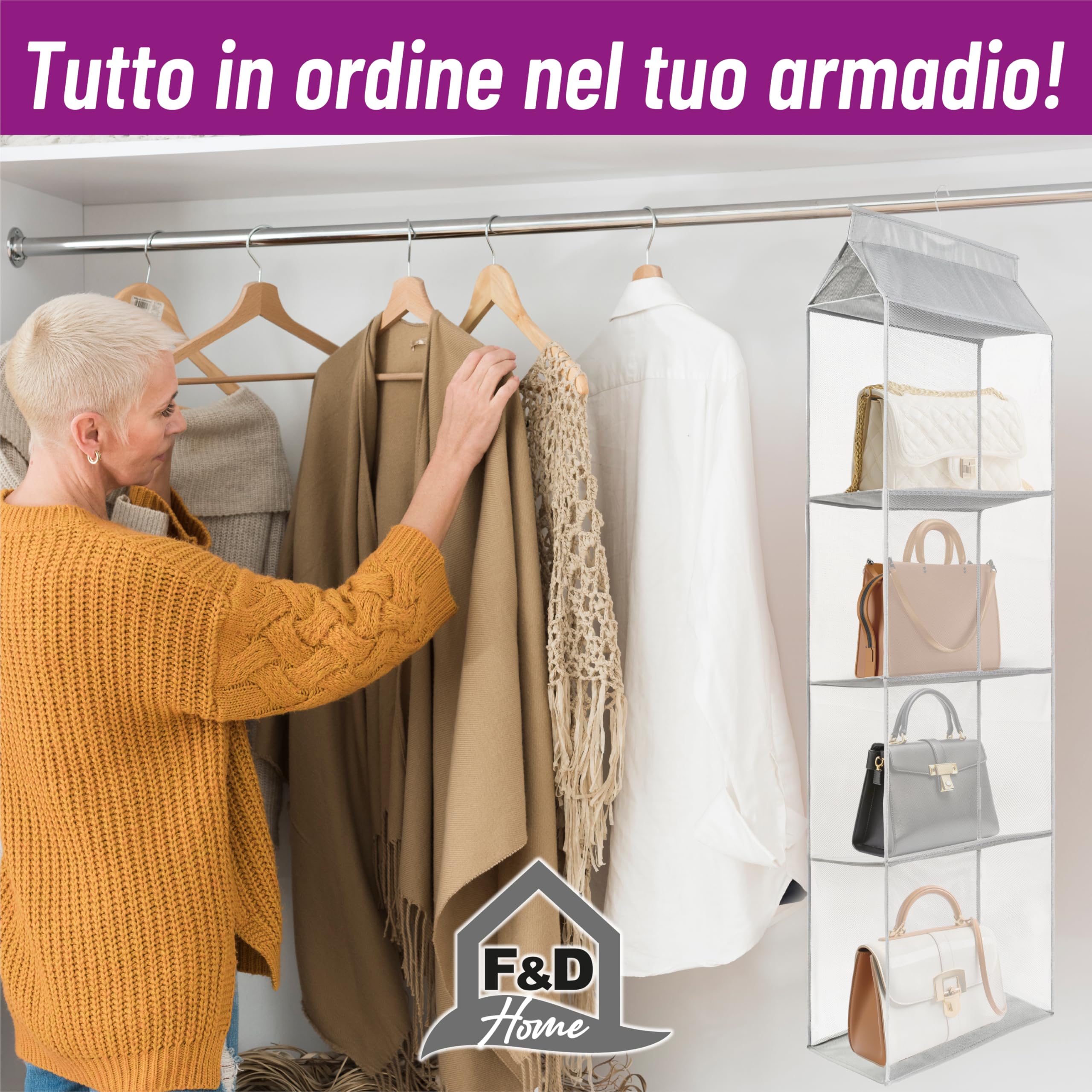 F&D Home Organizzatore Armadio per Borse, in Tessuto Non Tessuto e Rete, Grigio, 110x40x16 cm, Porta Borse da Armadio Salvaspazio Set da 2