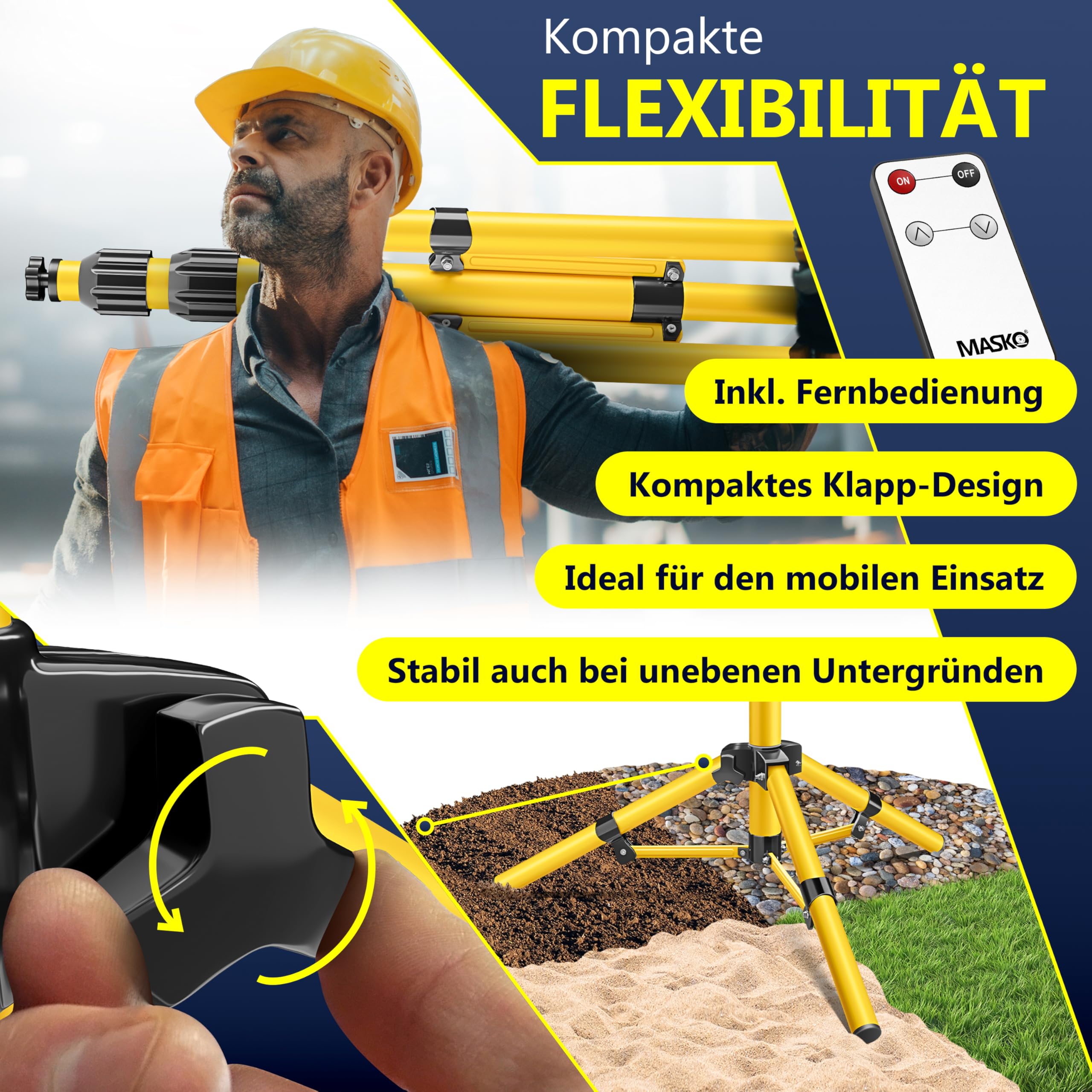 MASKO® LED Baustrahler 8000 Lumen Doppel 2x50W mit Stativ & Fernbedienung Arbeitsleuchte 72LEDs Arbeitsscheinwerfer 360° Drehbar IP65 Bauscheinwerfer 5m Kabel Baustellenlampe höhenverstellbar 86-202cm