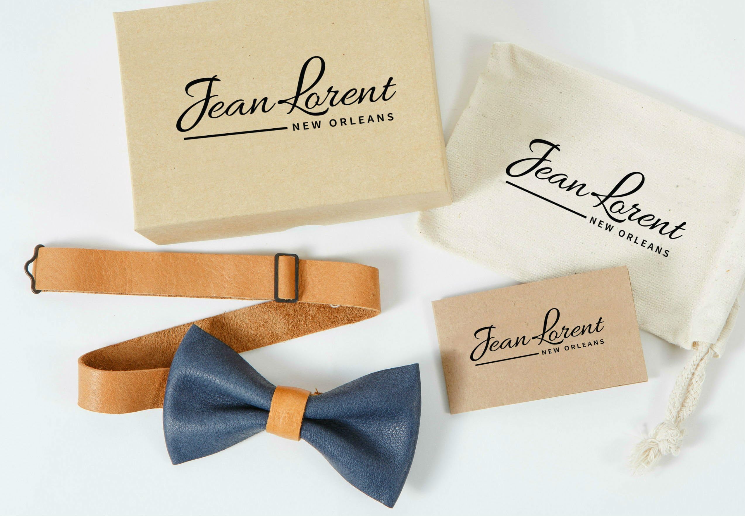 Personalized Navy Blue with Camel Leather Bow Tie